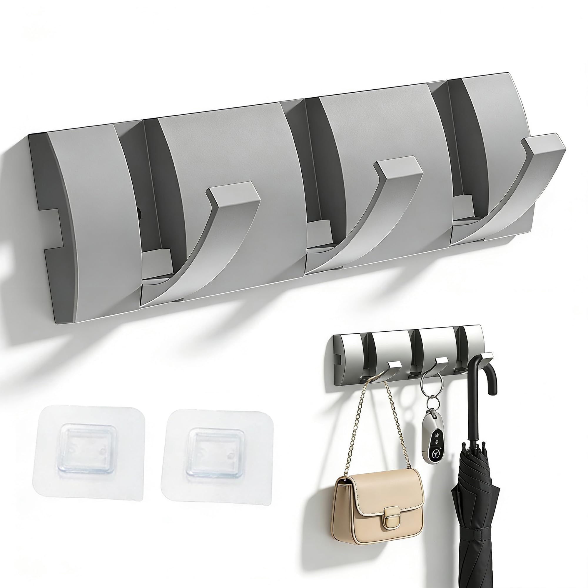 Folding Coat Hooks Wall Mounted,Extra Thick ABS Retractable Hooks for Hanging Towels, Self-Adhesive No-Drilling Installation, Space Saving 3-Pack for Bathroom, Kitchen, Bedroom, Hallway, Gun Grey