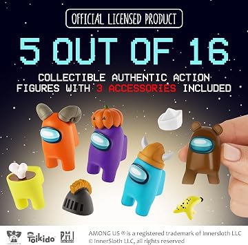 P.M.I. Among Us Crewmate Figure | 1 Pack Contains 5 Among Us Toys from 16 Collector's Items | Among Us Merch Incl. The Peeled and The Clogged | 1 Hidden Impostor | Mini Toy with 3 Hats | Toy for Kids