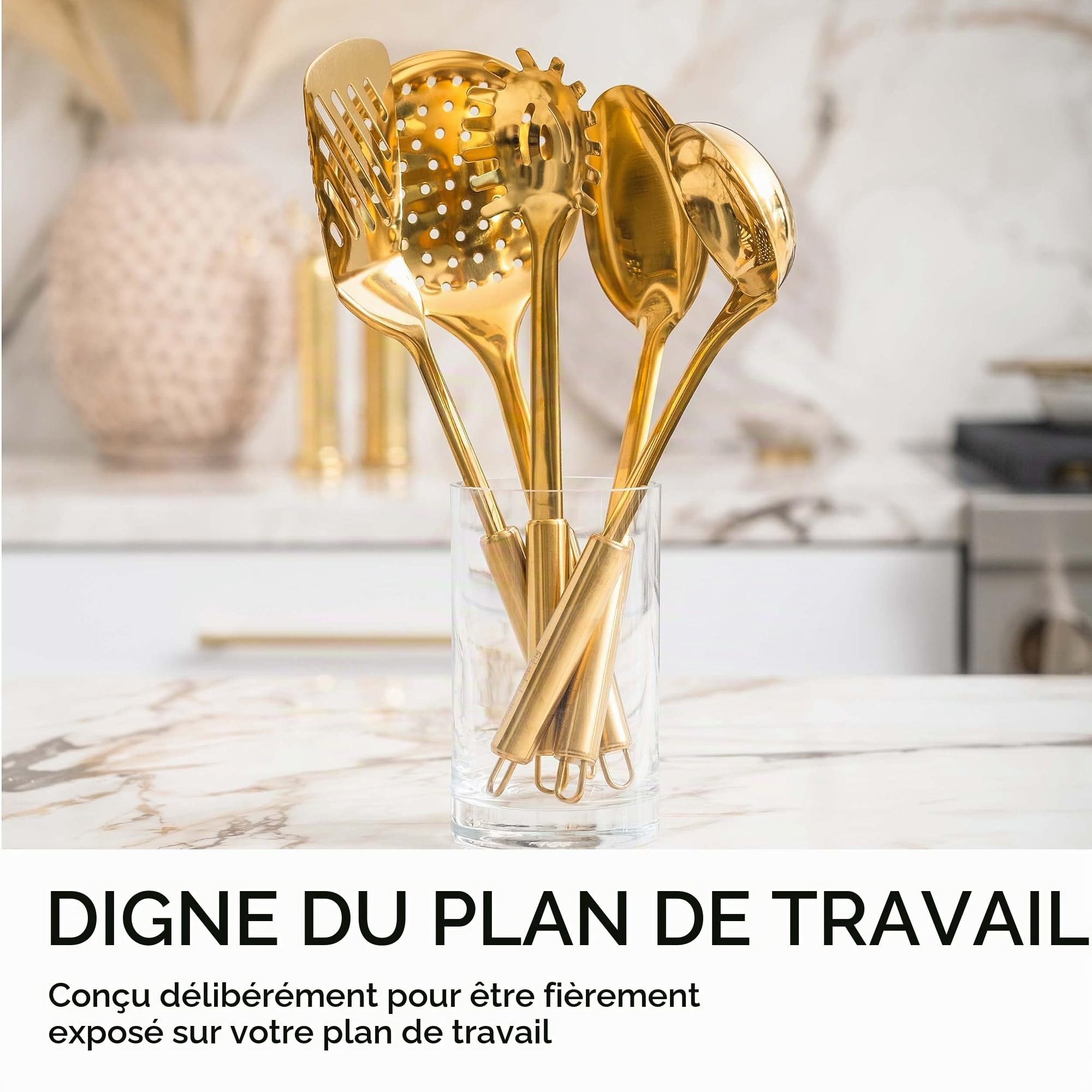 Ensemble d’ustensiles de cuisine dorés – 5 pièces en acier inoxydable pour cuisiner et servir, incluant louche, cuillère, spatule et fourchette à pâtes – Accessoires de cuisine luxe