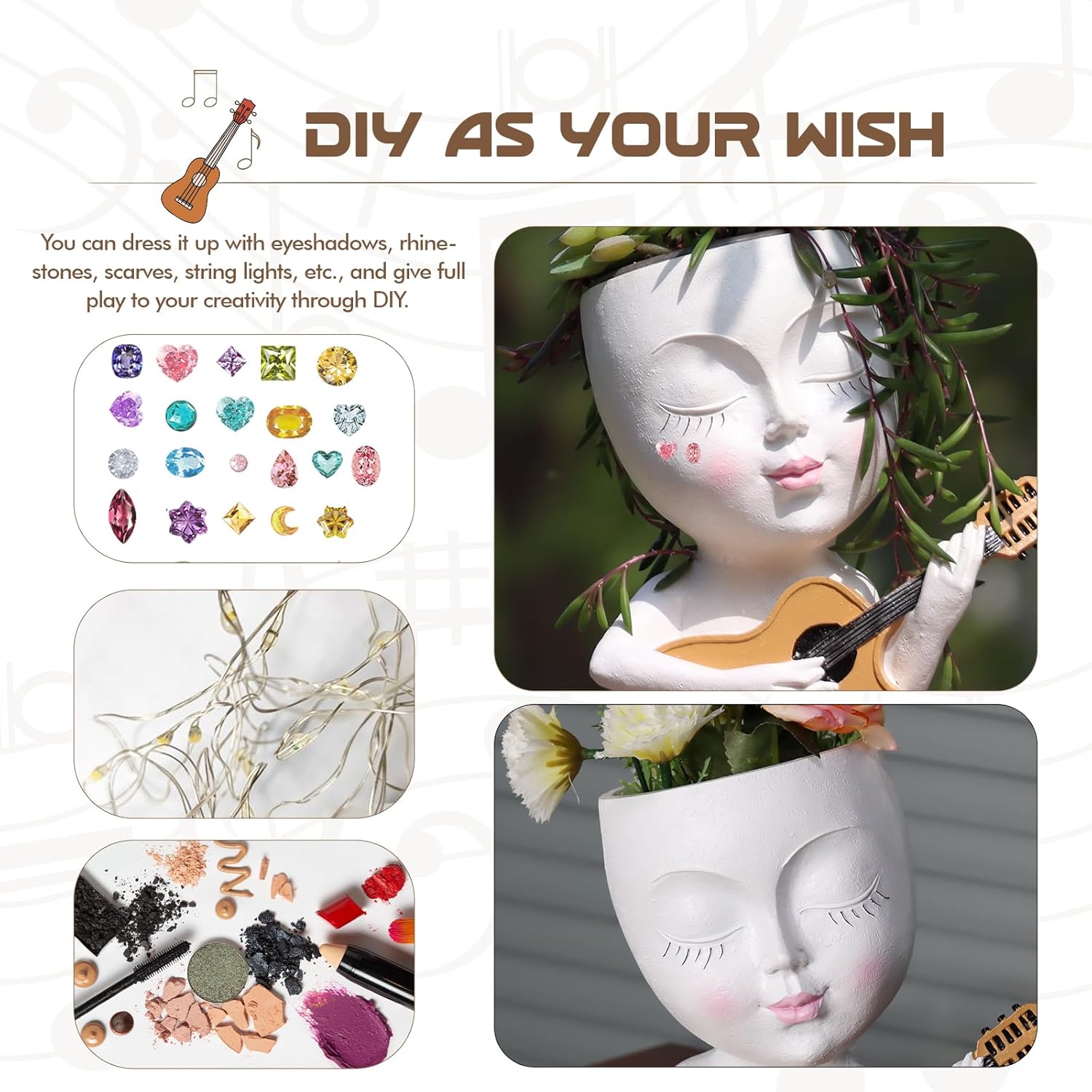 Face Planter Pot, Cute Girl Playing Guitar Head Planter for Indoor Plants, Unique Resin Succulent Pots with Drainage, Creative Music Lover Gifts for Guitarist Women Mom (White)