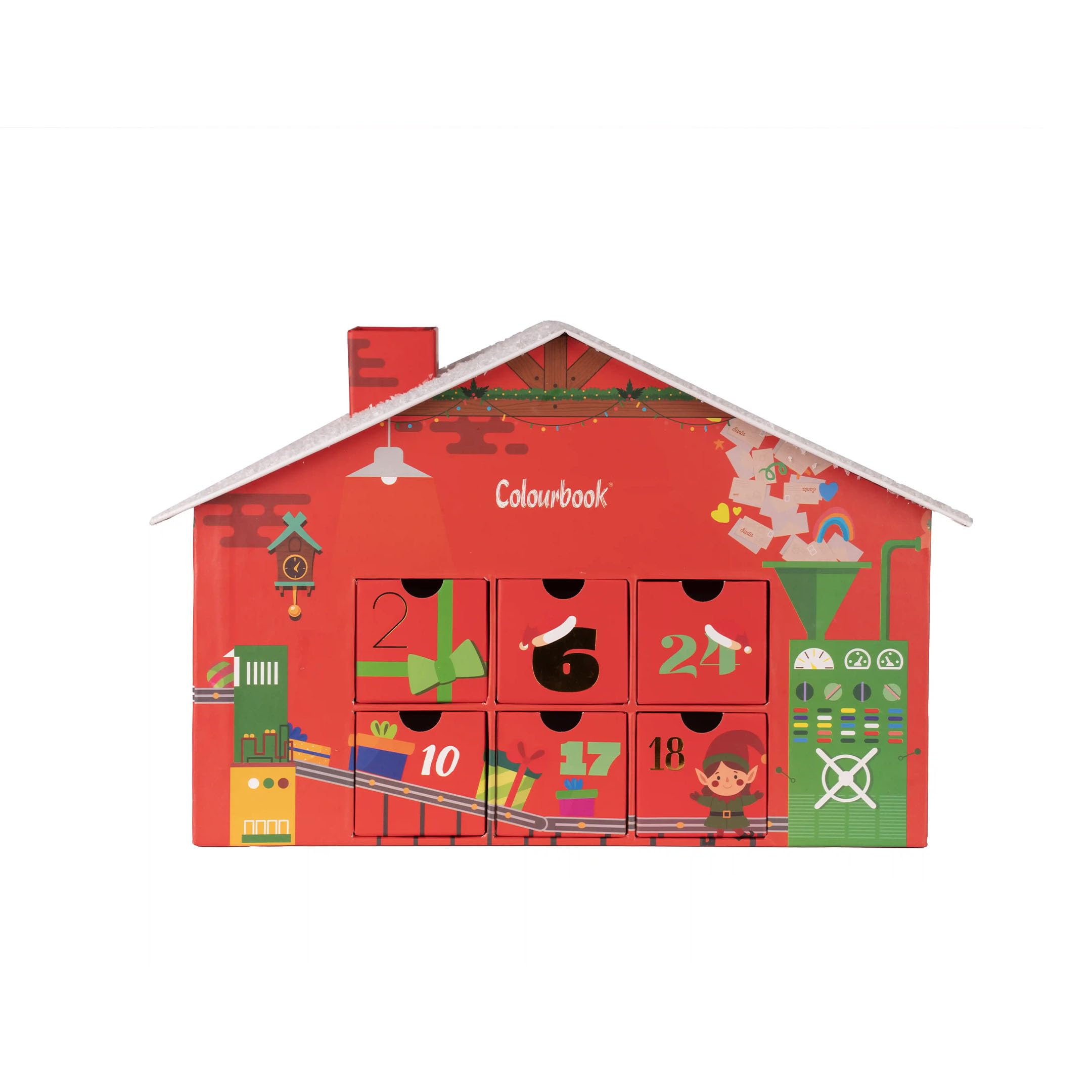 Colourbook - Calendario de Adviento 2025, Edición Fábrica de Elfos, 24 sorpresas exclusivas y útiles, caja rígida de colección con cajones, idea de regalo creativo para Navidad