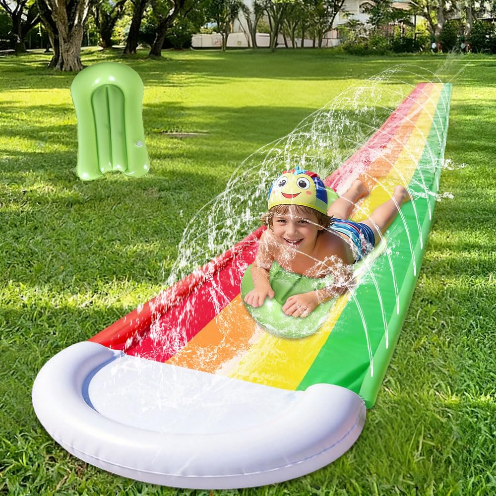 Toboggan Aquatique, 15.7ft/480cm Toboggan Aquatique avec 1 Bodyboard, Arc-en-Ciel Tapis de Glisse Eau et Système d'Arrosage Intégré pour Jardin Extérieur