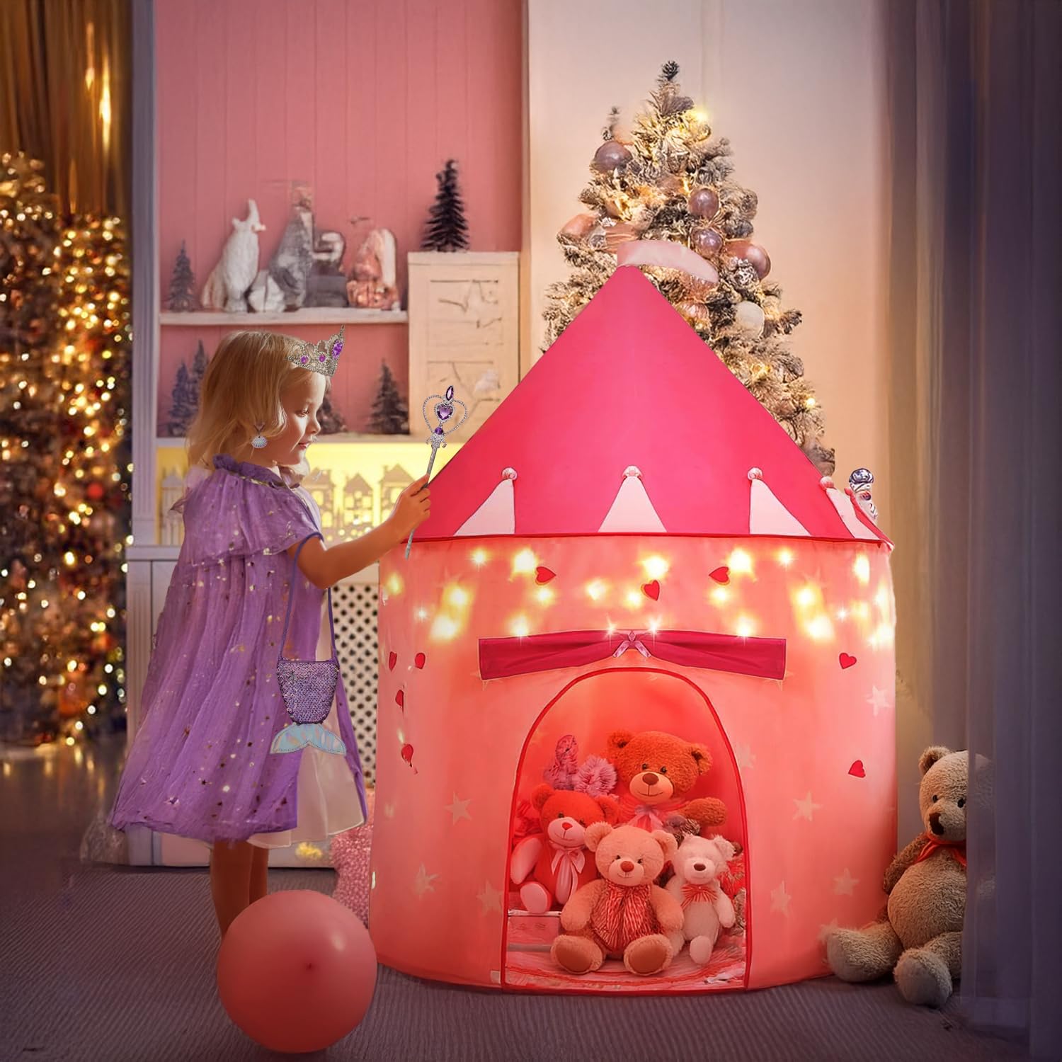 LXSHSRTA 13 Pcs Princess Castle Play Tent with LED Star Lights - Princess Dress-Up Set with Crown for Little Girls - Princess Toy Tent - Indoor and Outdoor Girls Castle Playhouse Tent - Purple