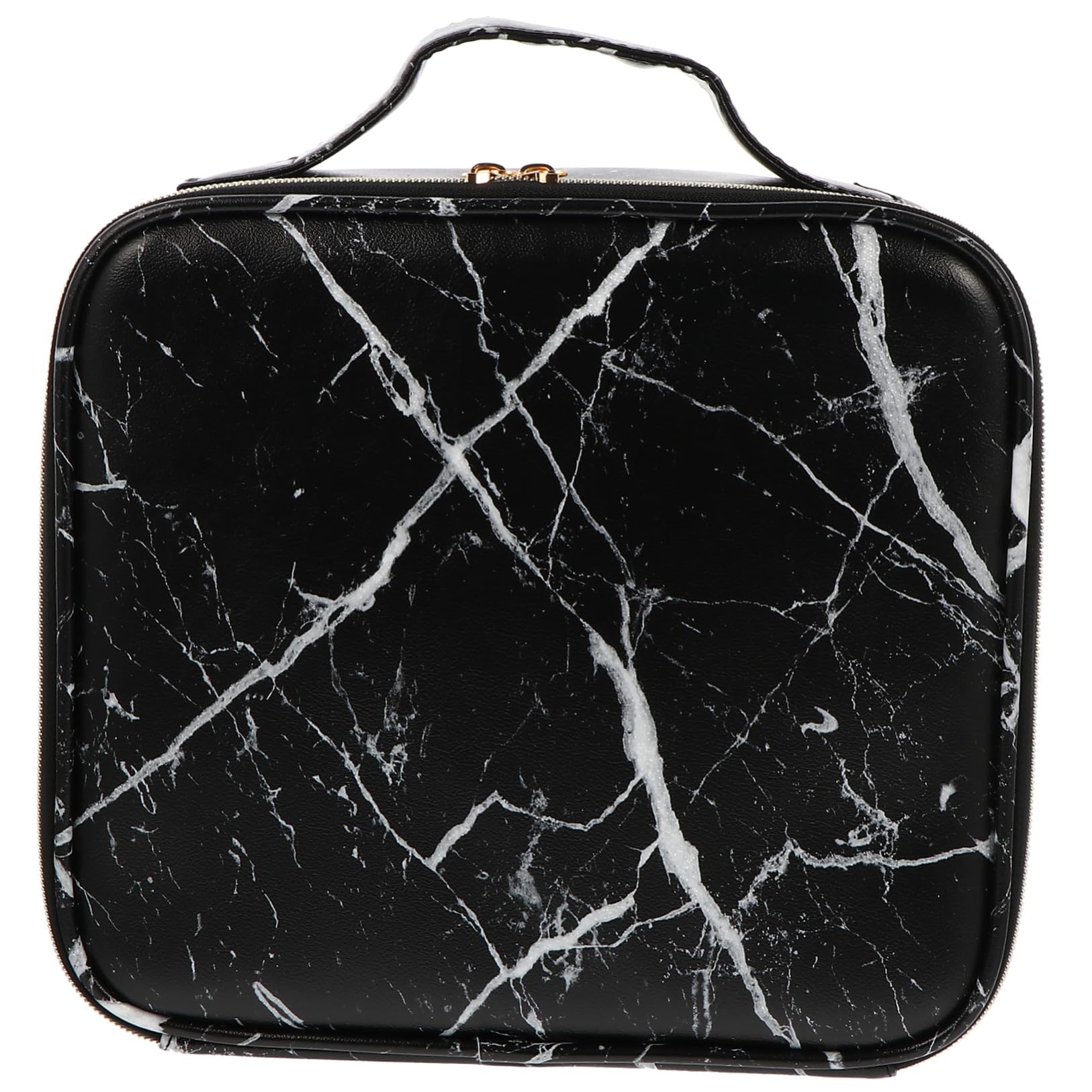 Organizer Trucchi da Viaggio a Scomparti, Nero, Manico | Motivo Marmorizzato Raffinato, Pu, Nylon e Metallo, per Palette e Prodotti Cura, Ordine Facile