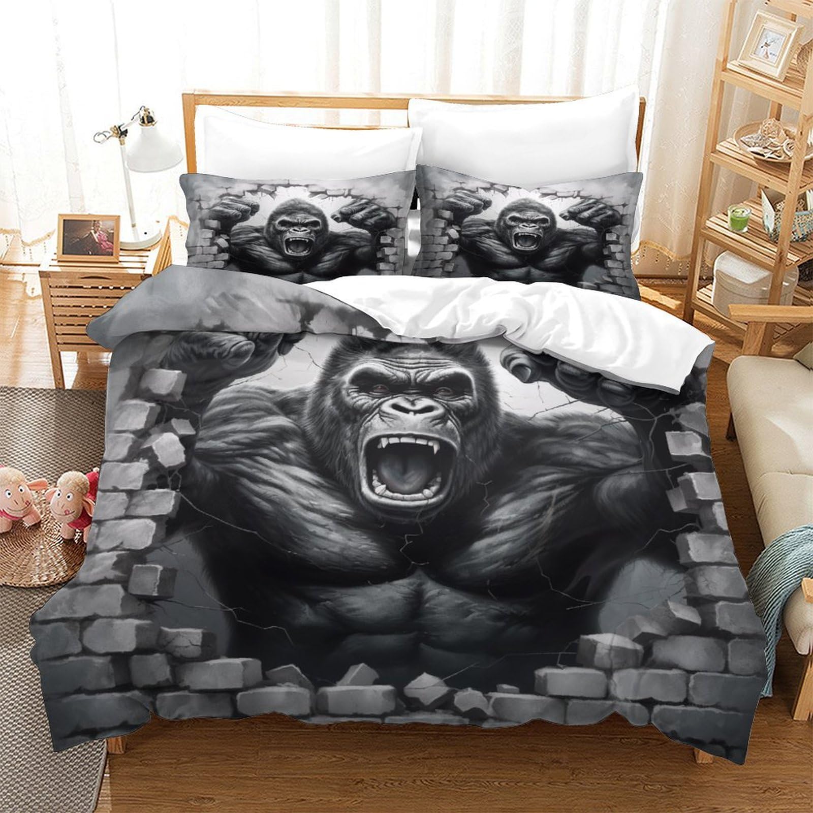 Housse de couette Gorille 3D Super King 260x220 cm avec ses deux taies d'oreiller en microfibre