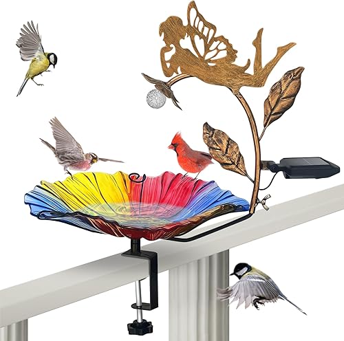 VChymm Bain d'oiseaux en Verre Solaire Chroma avec Piquet en métal et lumière LE