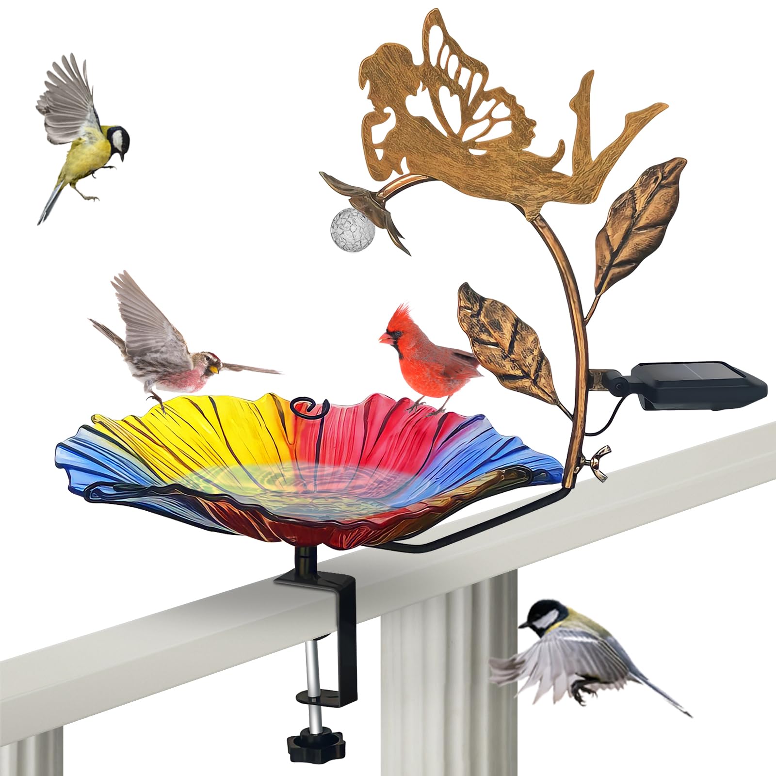 VChymm Solar-Glas-Chroma-Vogeltränke, Hofkunst, Garten, Outdoor, Vogeltränke mit Metallpfahl mit weißem LED-Licht, Metallpfahl, Gartendekoration, Geschenke