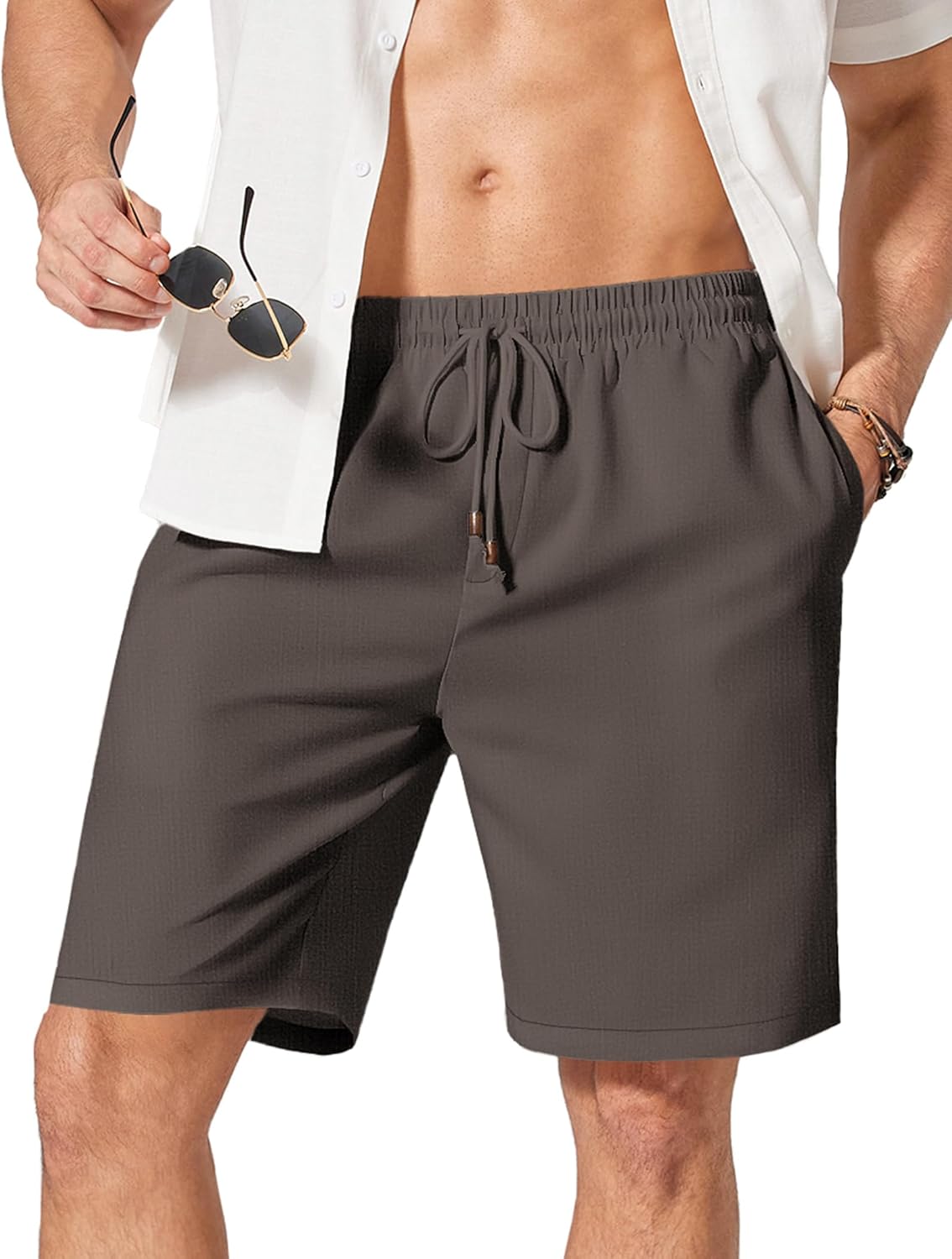 COOFANDY Men's Linen Shorts Casual Drawstring Summer Beach Shorts Lightweight Vacation Short for Hawaiian Resort Dark Gray