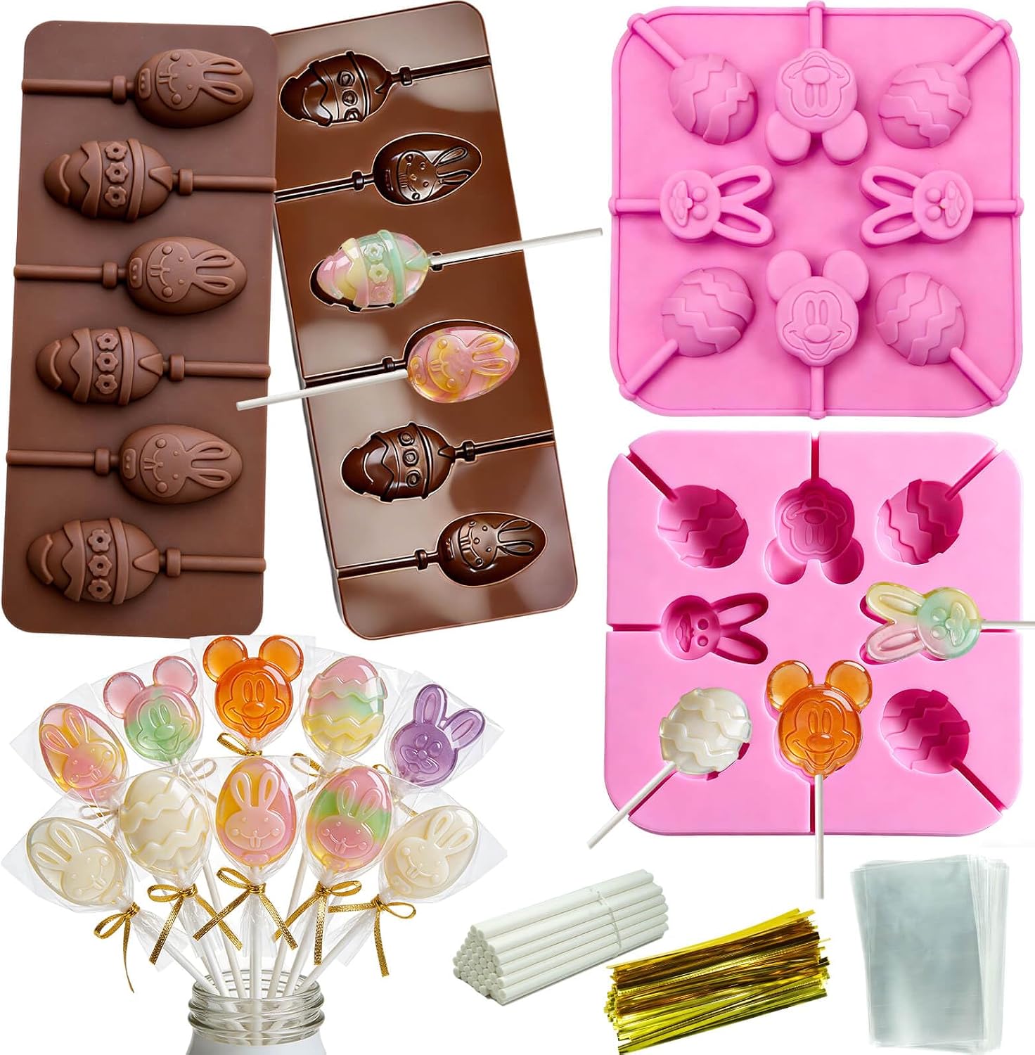 304Pcs Easter Lollipop Mold Set Easter Lolly Pop Tray Sucker Molds Rabbit Egg Silicone Lollipop Moulds Bunny Egg Cake Pop Moulds for Chocolate Candy Making with Lollipop Sticks Treat Bags Twist Ties