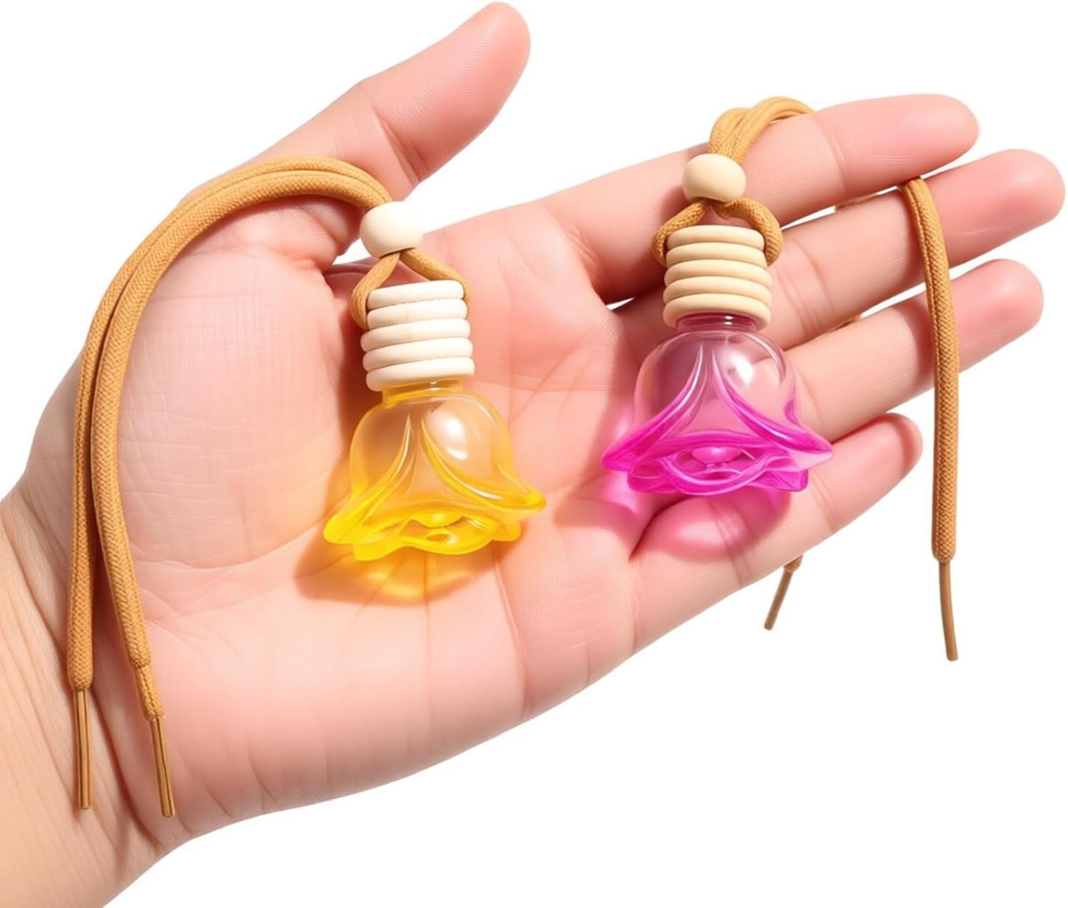 2-Pcs Rose-Shaped Hanging Car Aroma Bottle – 6ml Refillable Glass Perfume Pendant with Wood Cap and Rope, Essential Oil Dispenser for Vehicle, Home,Closet&Travel,Scent Accessory (Yellow& Light Purple) image 4
