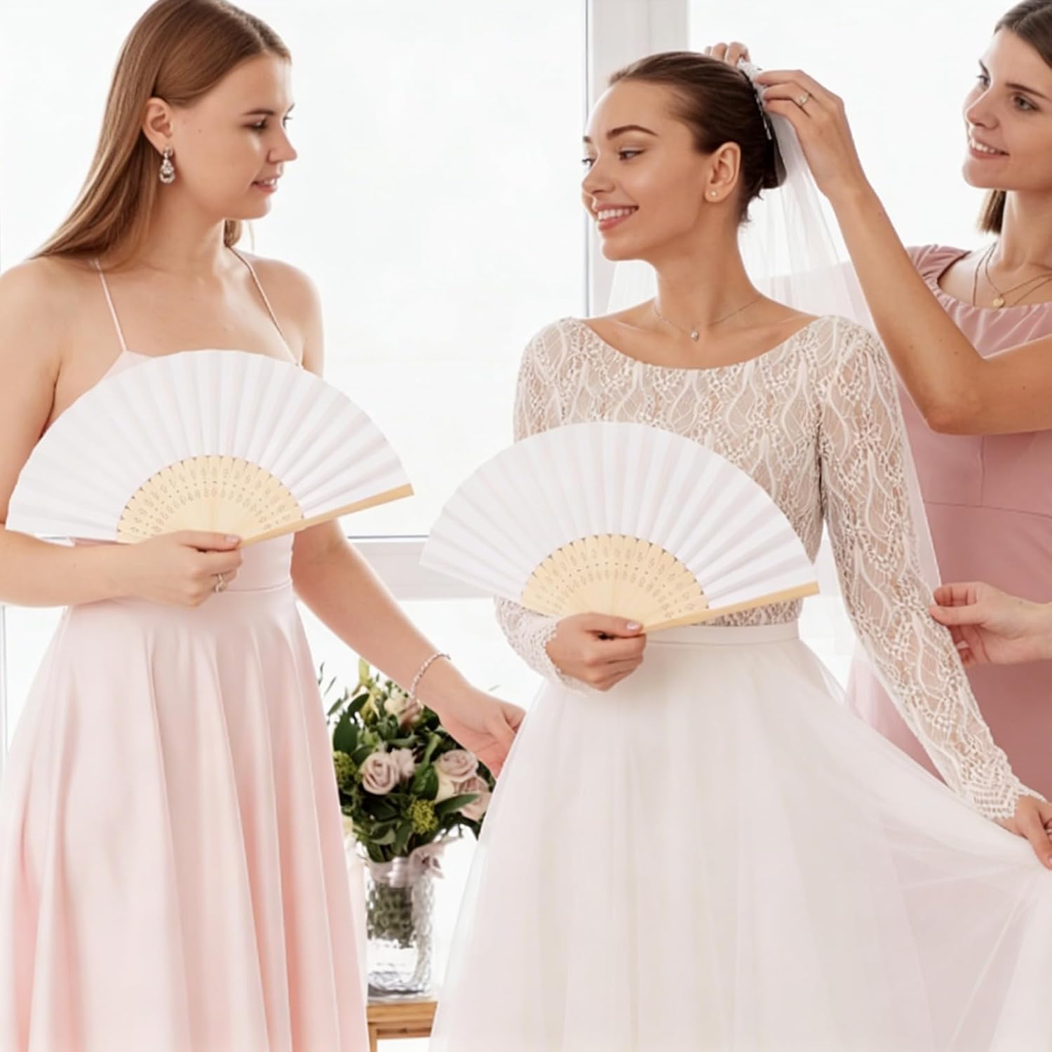 60 Pack White Paper Fans Bulk Bamboo Folding Handheld Fans for Wedding Guests with Thank You Tags & Organza Bags, Party Favors for Bridal Dancing, Summer, Home Decor & DIY Supplies