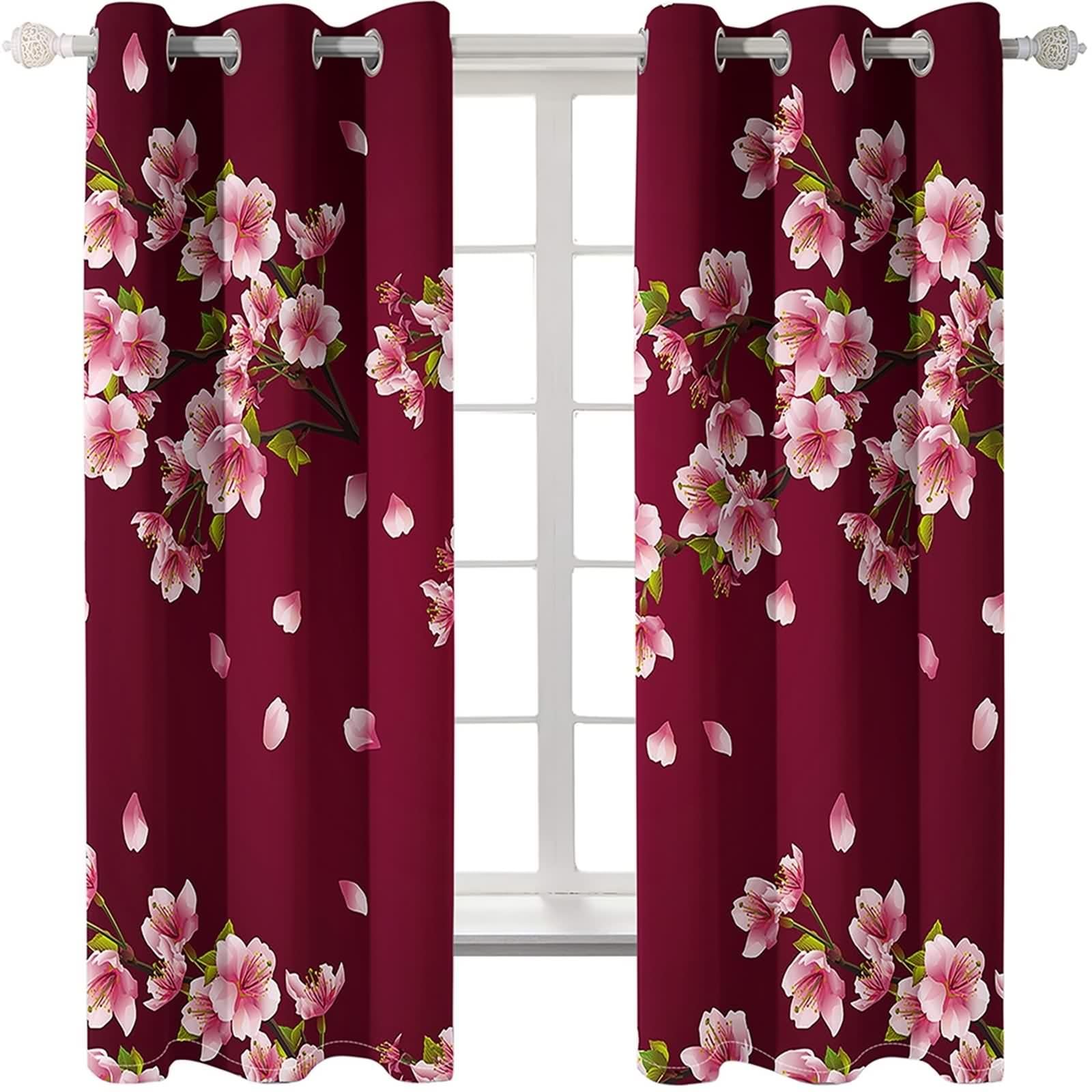Zasłona okienna kuchenna, zasłona zaciemniająca ciemnoczerwona róża poliester różowe kwiaty 132L x 274H CM Zestaw 2 szt