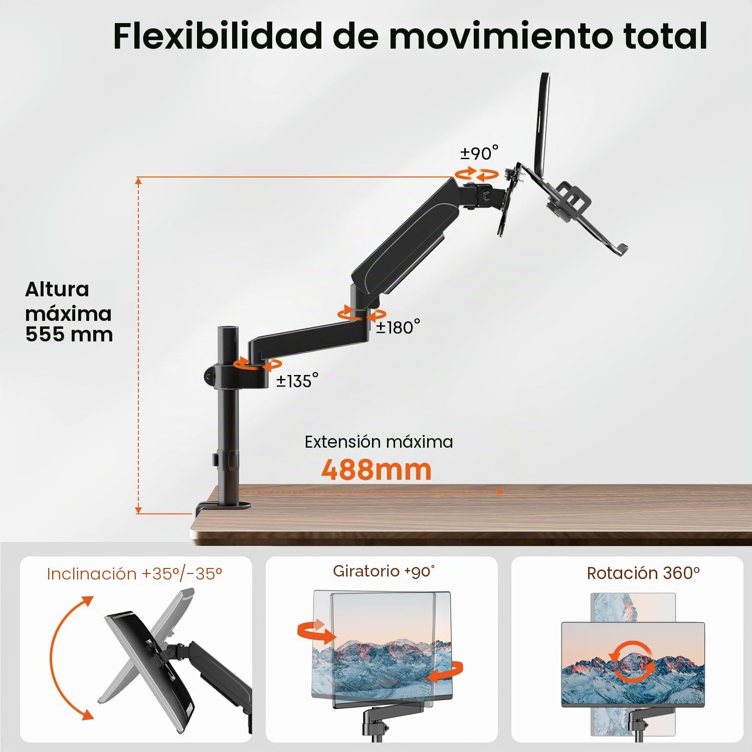 PUTORSEN Brazo para Monitor con Soporte para portátil para Pantallas LED LCD de 17 a 32 Pulgadas y portátiles de hasta 17 Pulgadas, Ajuste de Altura de 55,5 cm (Barra de 30,8 cm)