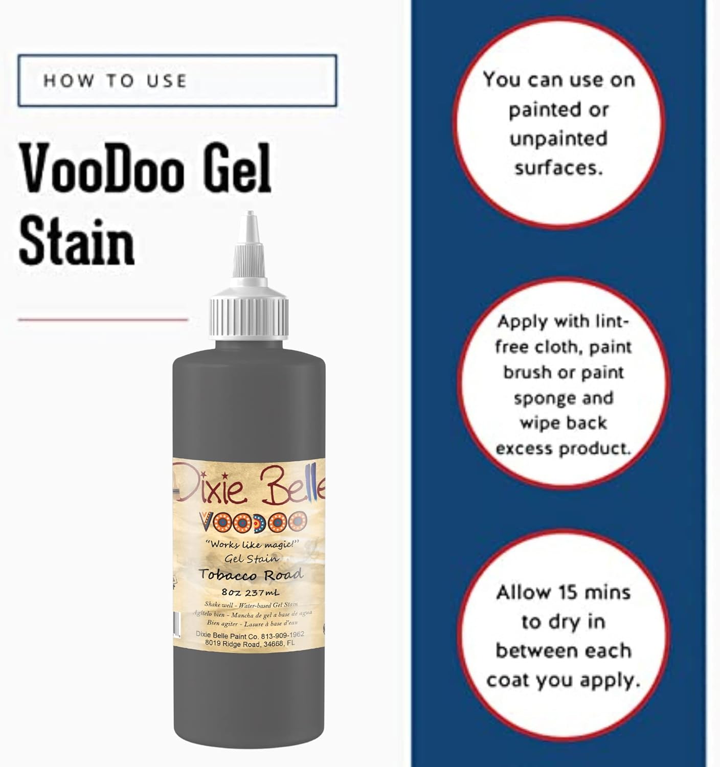 Dixie Belle Voodoo Gel Stain - Tobacco Road (8oz) - Warm Brown Water-Based Stain for Wood Projects - Wood Grain Enhancer - 8 Fl Oz