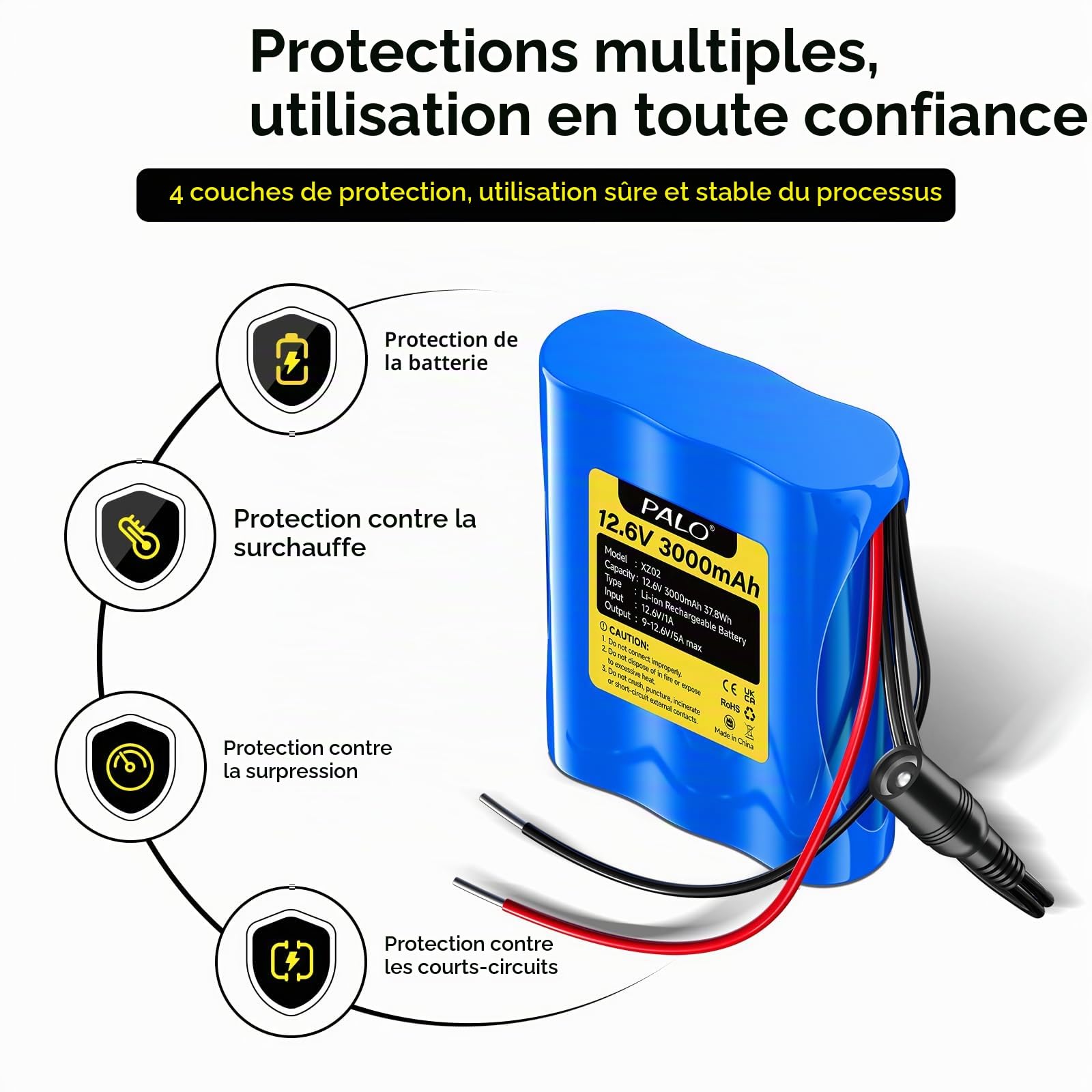 Batterie Lithium-ION 12,6 V 3000 mAh avec Chargeur et 2 Lignes de Connexion pour Panneau Solaire, Radio, appareils Photo, caméscopes, Orgue électronique, Lampe de Lecture DIY, Sonar