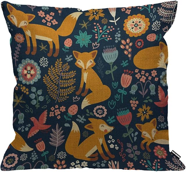 HGOD DESIGNS Fox Pattern Cushion Cover,Cute Kinds of Fox with Flower Yellow Blue Throw Pillow Case Home Decorative for Men/Women Living Room Bedroom Sofa Chair 18X18 Inch Pillowcase 45X45cm