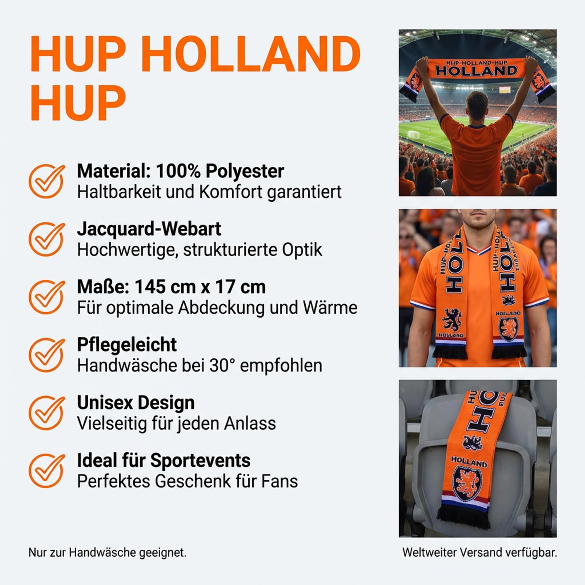 Generisch Holland Écharpe en tricot pour championnat d'Europe, Orange, noir., 135 cm