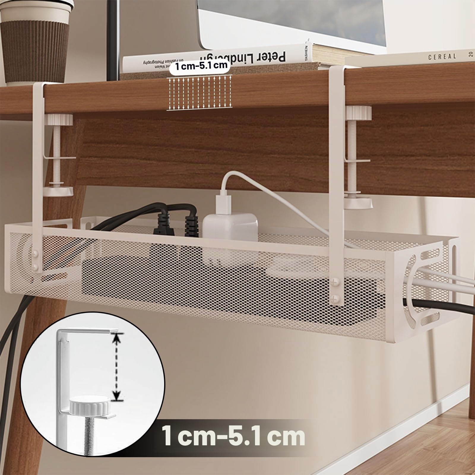 Bandeja de gestión de Cables para Debajo del Escritorio, Organizador de Cables sin Taladro, Bandeja de Cables Ajustable y retráctil, fácil de Instalar, solución de Cables para el hogar u -1 Paquete
