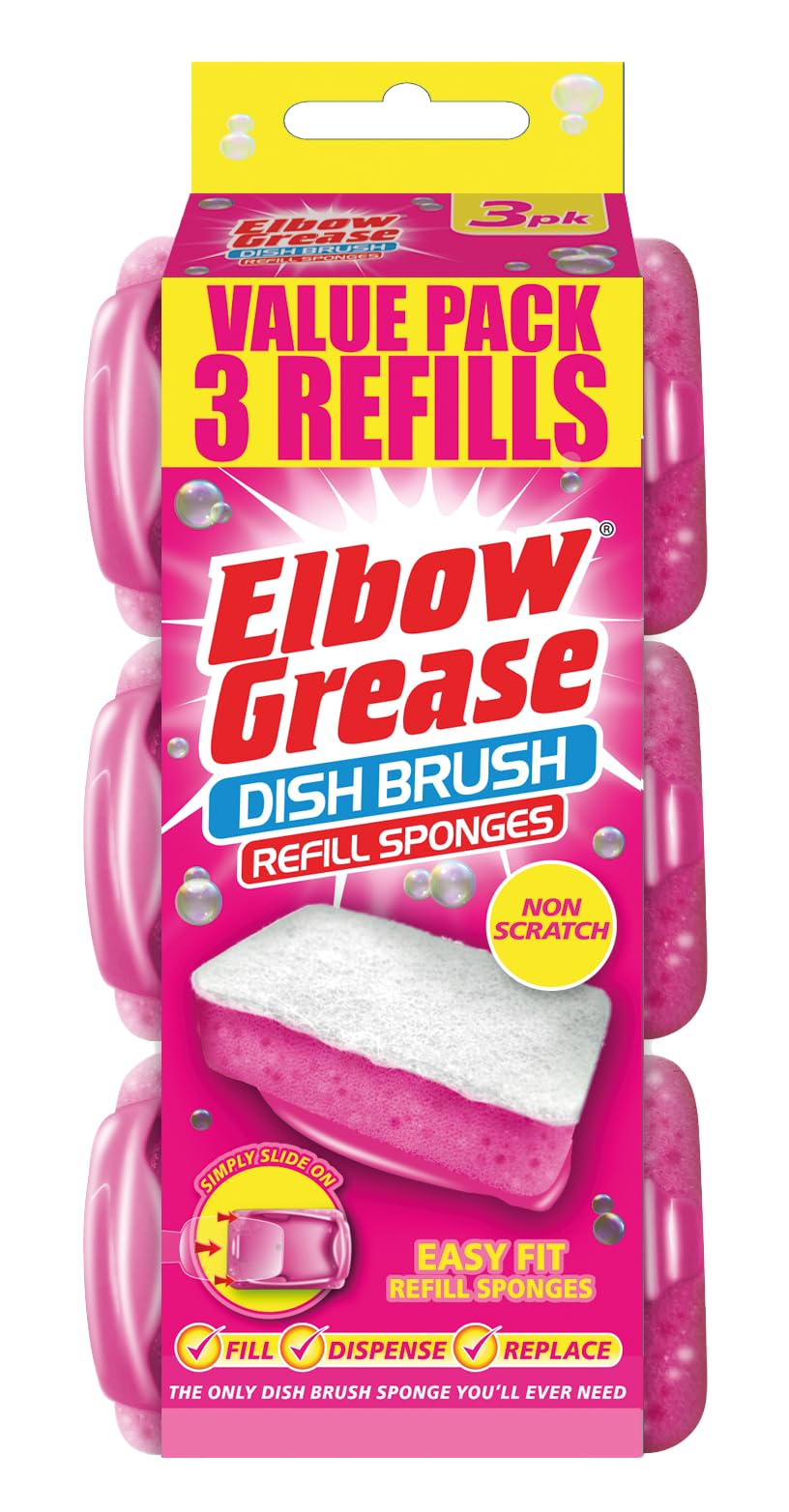 Elbow Grease Dish Brush Refill Sponges | Non Scratch Easy Fit to Handle, Washing Up Sponge Refills, Kitchen & Dish Cleaning Scrub Scourer (Pink - 3 Pack)