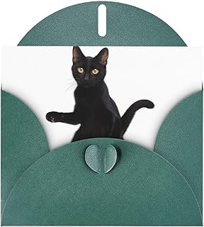 Dancing black cat Print Greeting Card Set with Blank Interior – Dark Green Elegant Pearl Paper Birthday, Wedding & Anniversary Cards