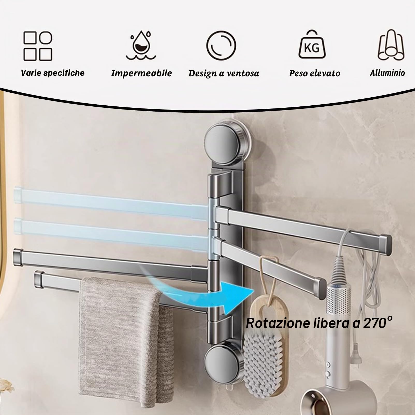 Portasciugamani Girevole in Alluminio,Portasciugamani Ventosa a Parete Porta Asciugamani per Bagno Senza Foratura,Con 2 Braccia Girevoli Porta Salviette,Per Balcone,WC