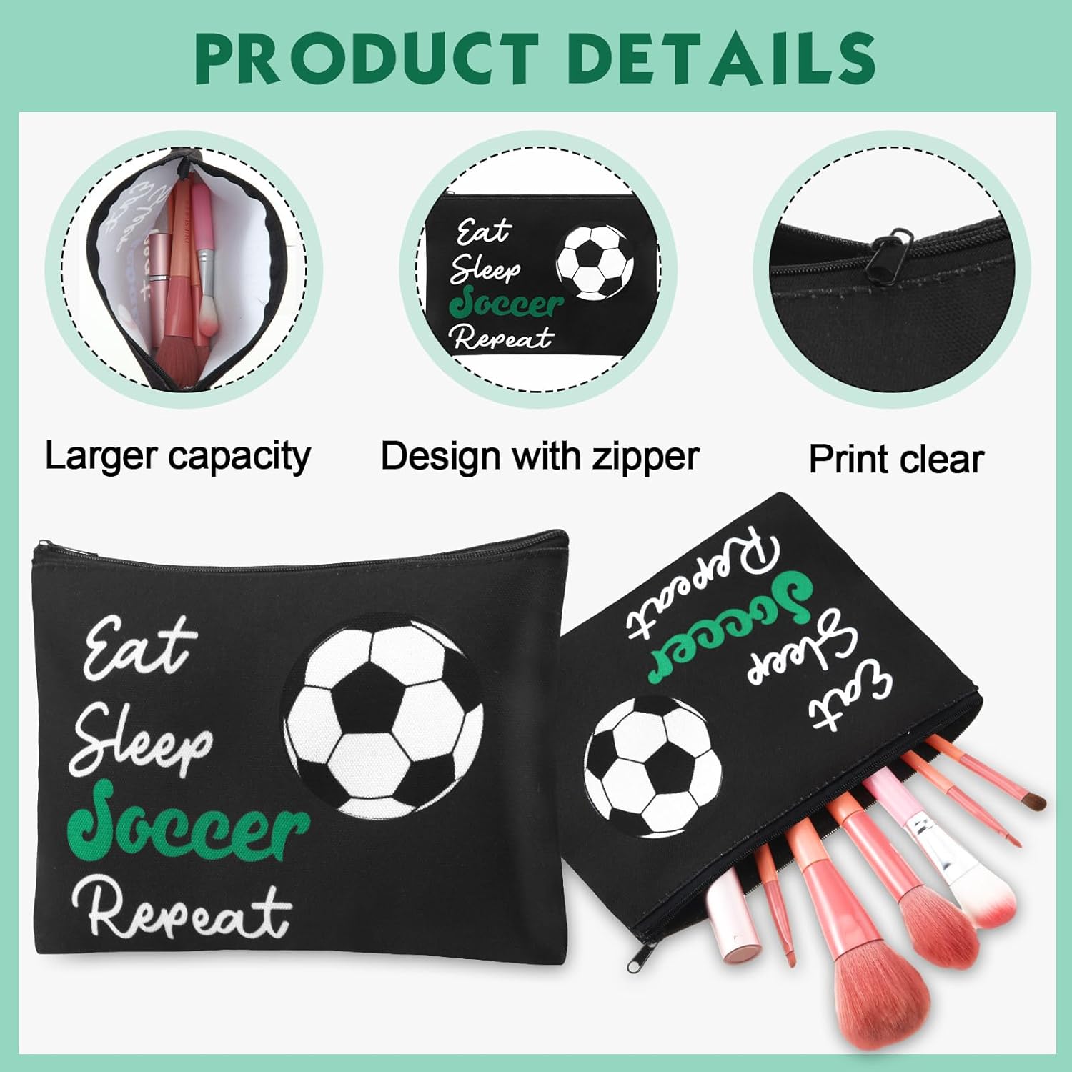 12 Pcs Soccer Makeup Bags Sport Themed Team Gifts Cosmetic Bags Portable Canvas Zipper Pouch Travel Toiletry Organizer for Women Team Sport Party Favors - Image 3