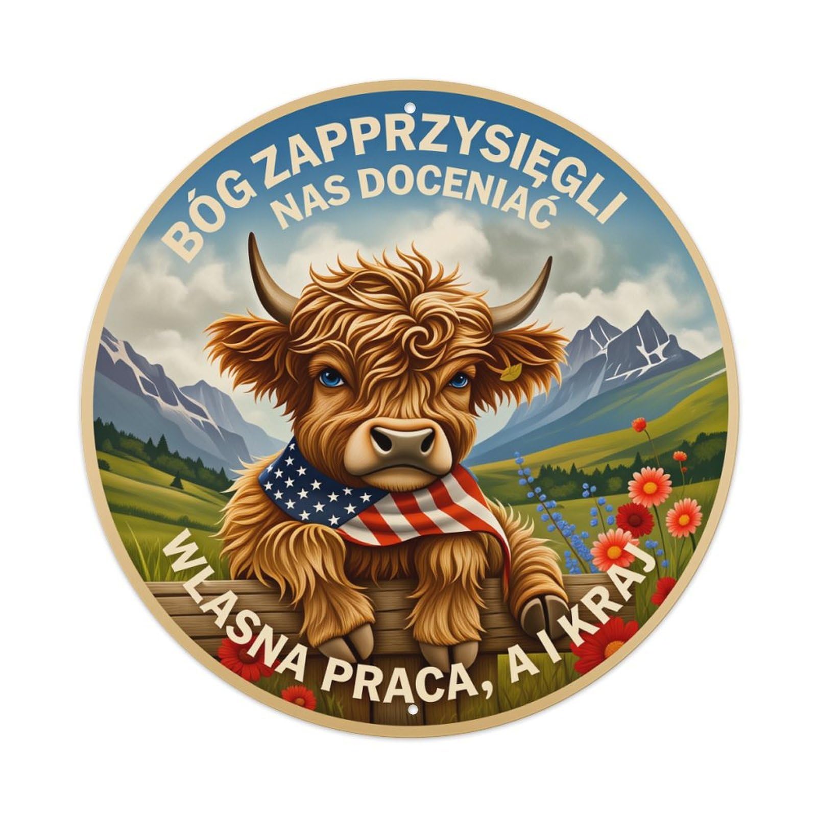 Bull With American Flag Mountains And Flowers Round Tin Sign Vintage Style Metal Sign Home Bar Garden Wall Plaque Decor Metal Poster 8x8 Inch