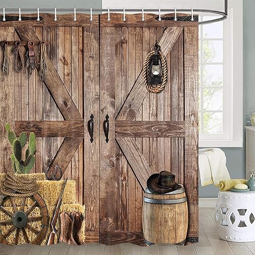 Vista 45 de Cortina de ducha rústica de madera estilo granero, 60 x 70 pulgadas, color beige