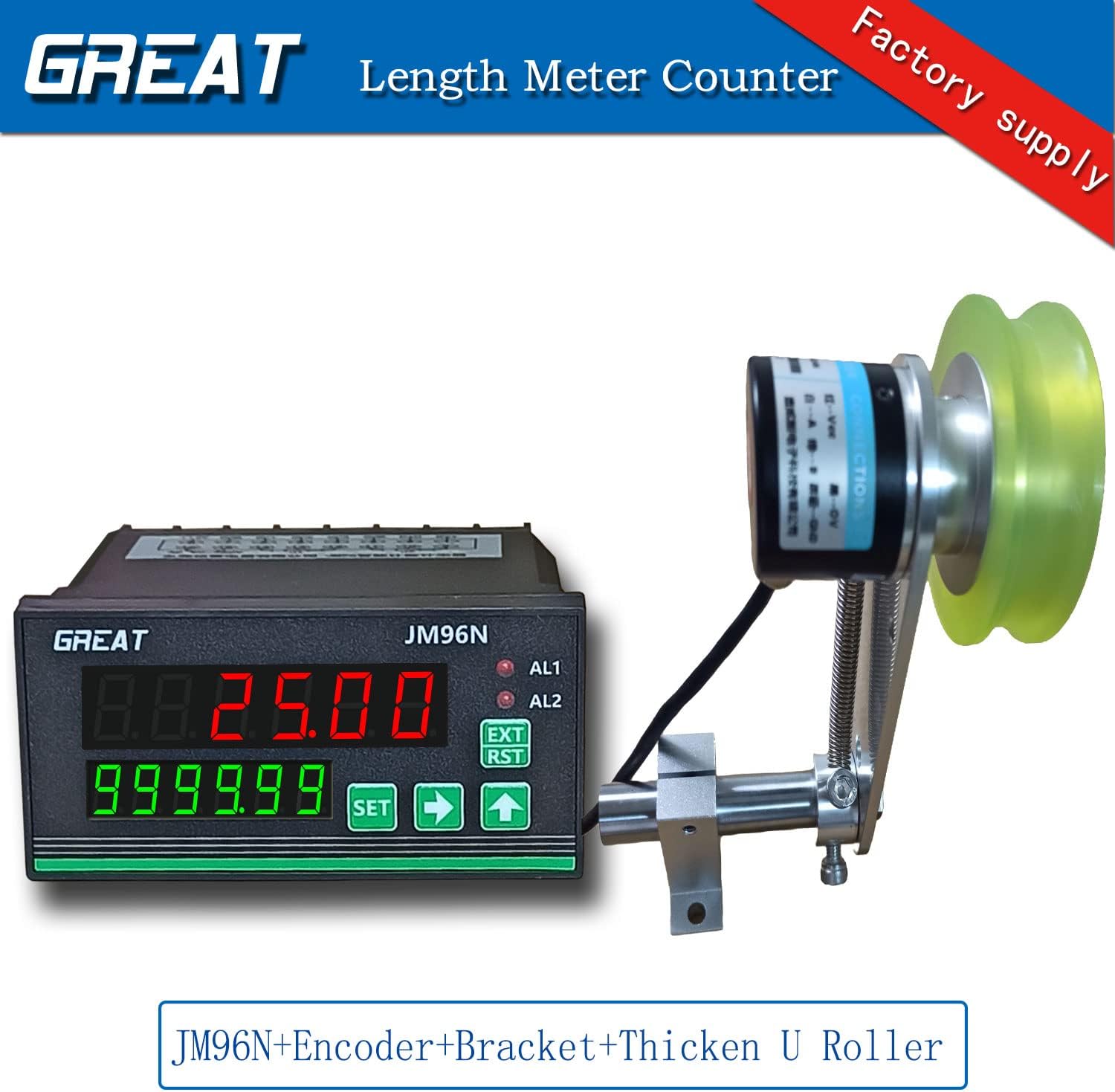 JM96N Digital Length Meter Counter Mechanical Length Counter Measure Wheel Unit in Feet Meter with Control Function 0-999999 (With Polyurethane 20mm U Wheel)