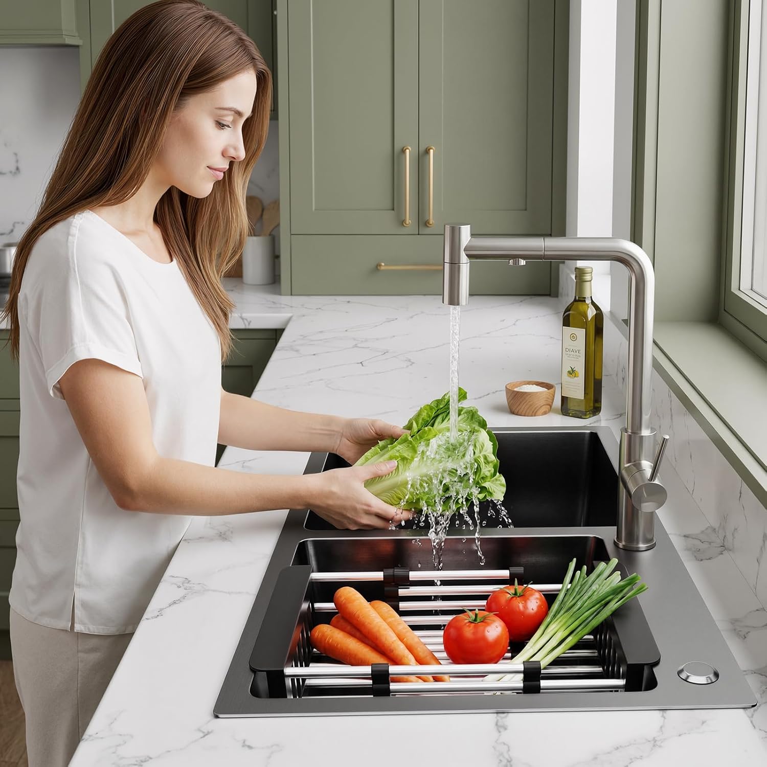 30-inch Black Kitchen Sink, Double Bowl Drop-in/Top-Mount 304 Stainless Steel with Nano Coating, Includes Drain Assembly & Fruit Basket for Modern Kitchen (30.7" x 16.9")