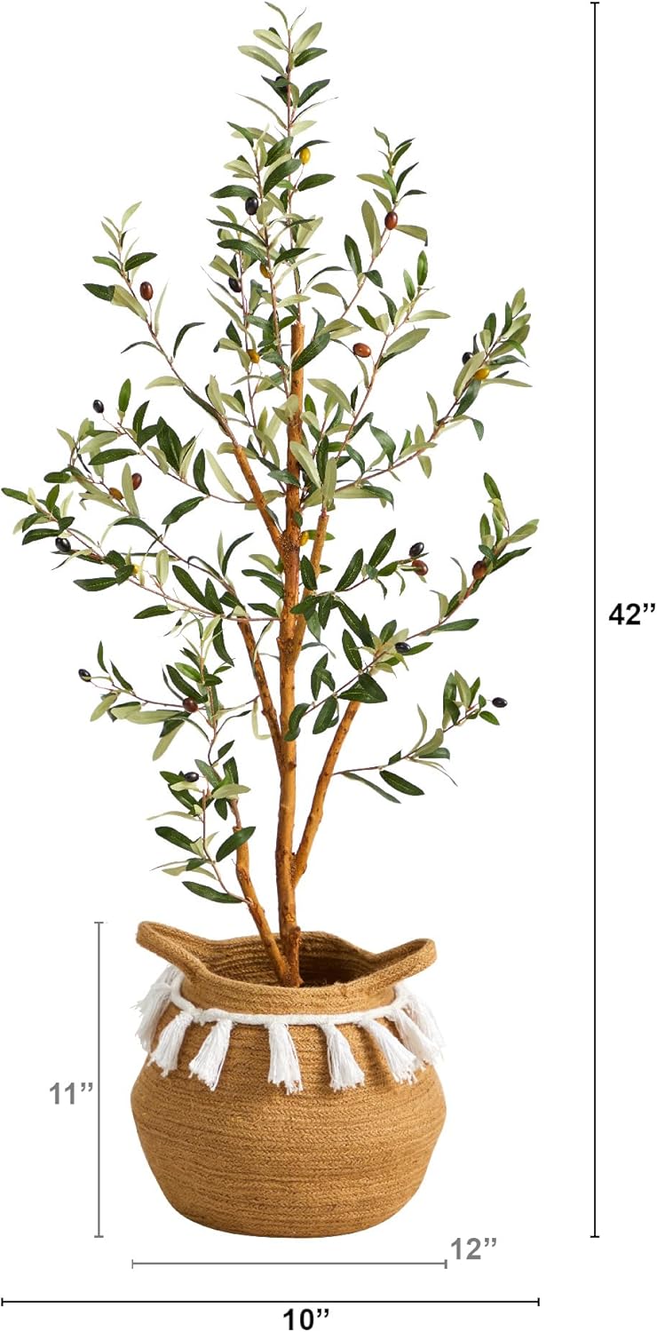 Nearly Natural 3.5ft. Artificial Olive Tree with Handmade Jute & Cotton Basket with Tassels