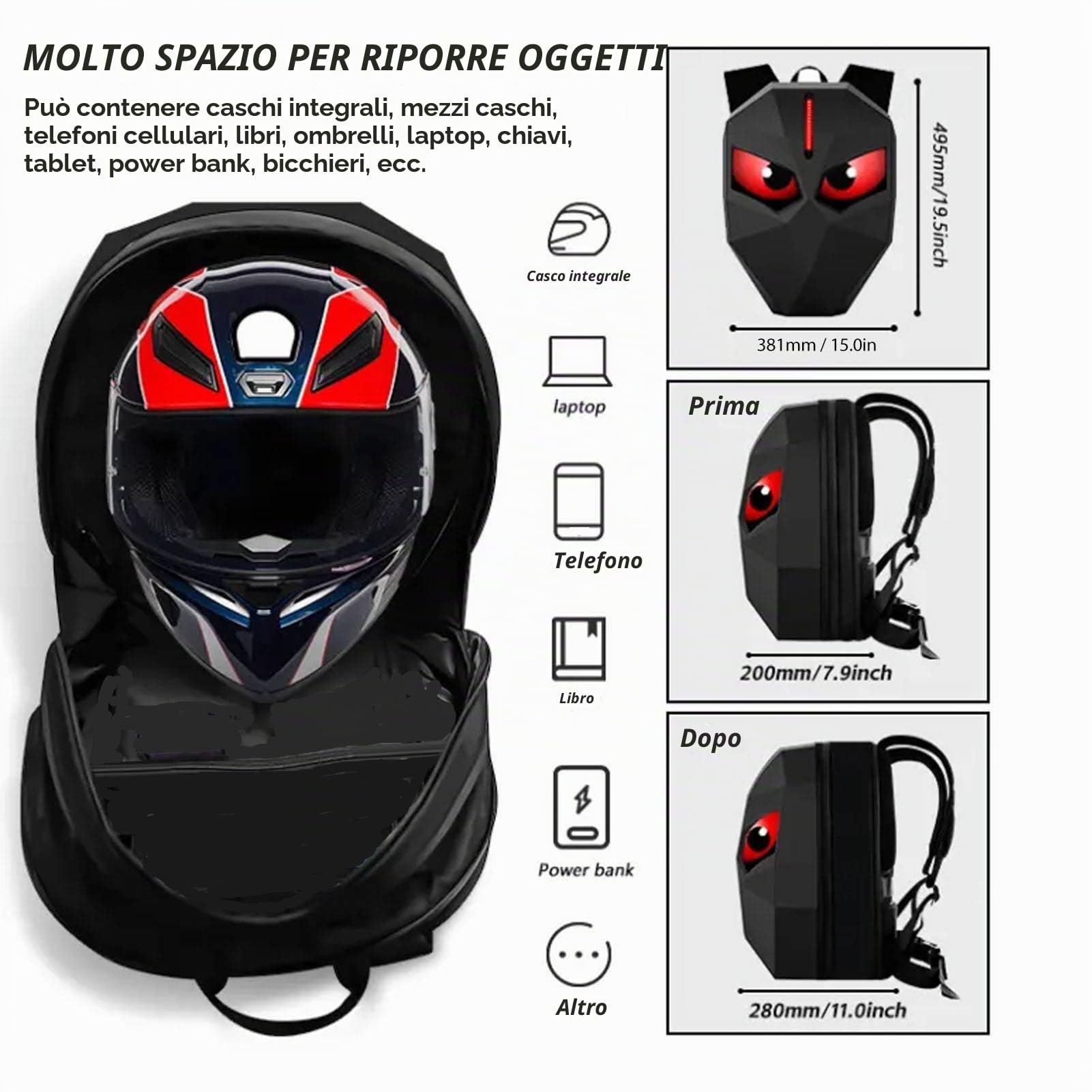 Asixxsix Zaino a LED per Moto, Borsa per Casco Portatile Programmabile per Schermata a Colori LED 60x32px per Viaggiare in Bicicletta, Zaino per Laptop con Rigido a Prova (nero)