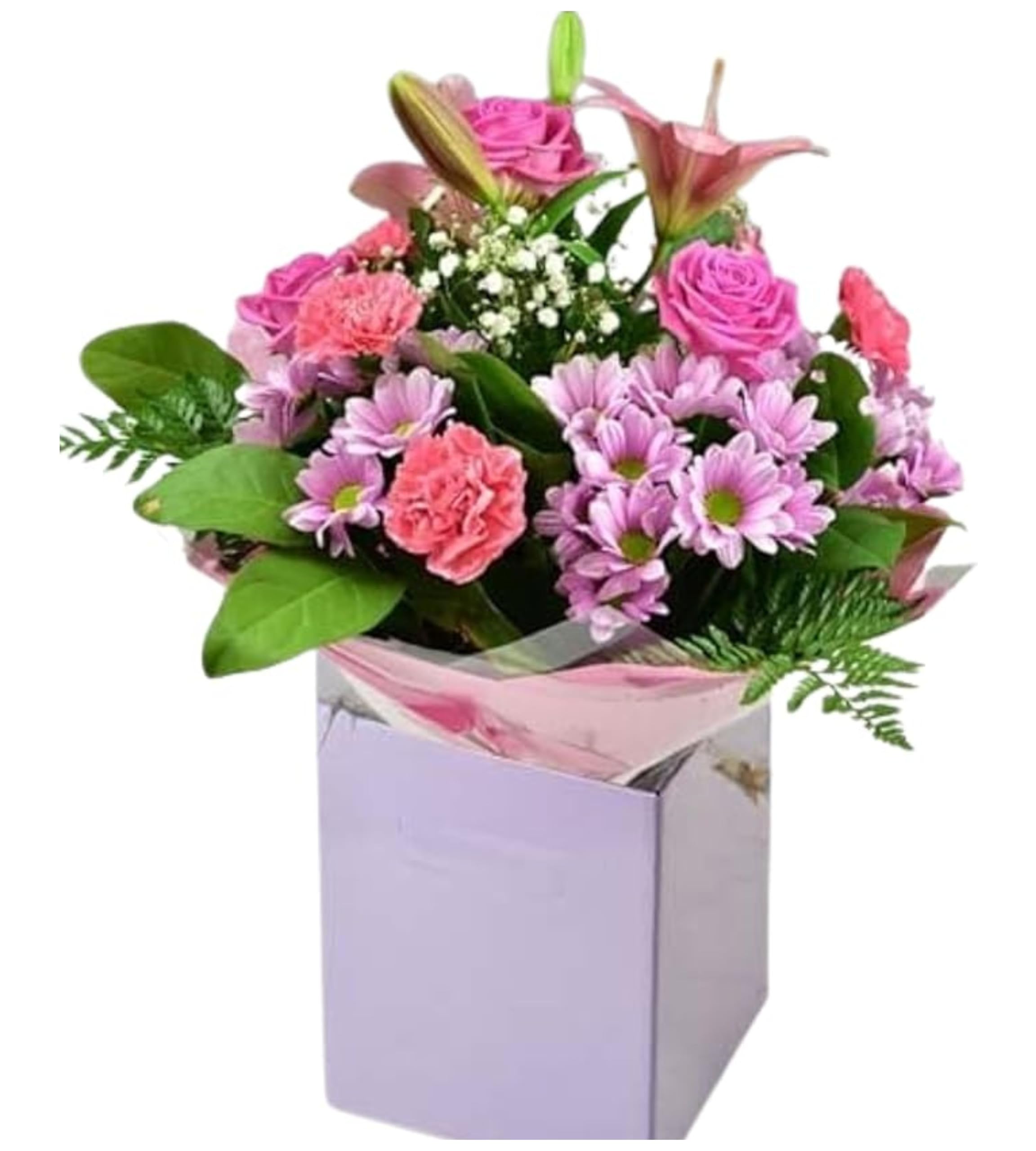 Belle in Pink Fresh Flowers Bouquet Pink Roses, Carnations, Lilies, Delivery Summer Arrangement Gifting for Birthday Celebrations, Anniversary, Get Well, Thank You, Weddings, Her Occasions