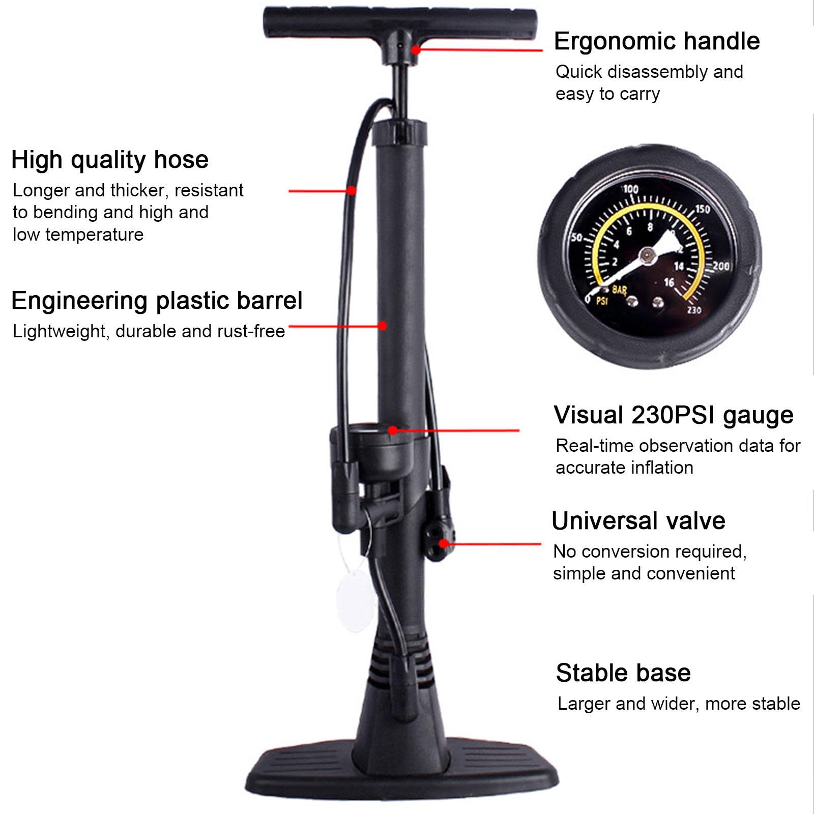 Bomba de Bicicleta con Manómetro, Alta Presión, Compatible con Válvulas Presta y Schrader - Bomba de Neumáticos de Bicicleta para Bicicleta de Carretera, MTB, Híbrida, Balones…