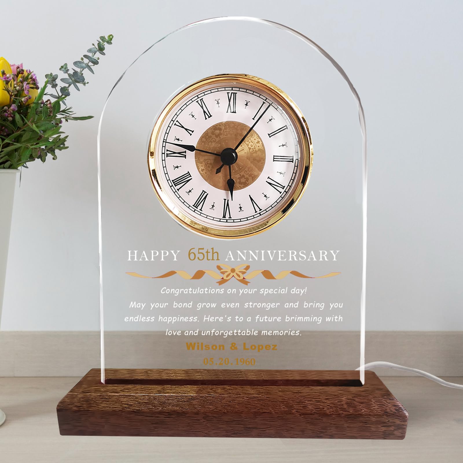 IASIRTGN Custom 65th Anniversary Wedding Acrylic Clock, Personalized Anniversary Clock with LED Light for Couples, Parents, Husband, Wife, Happy 65th Wedding Gift for Her Him