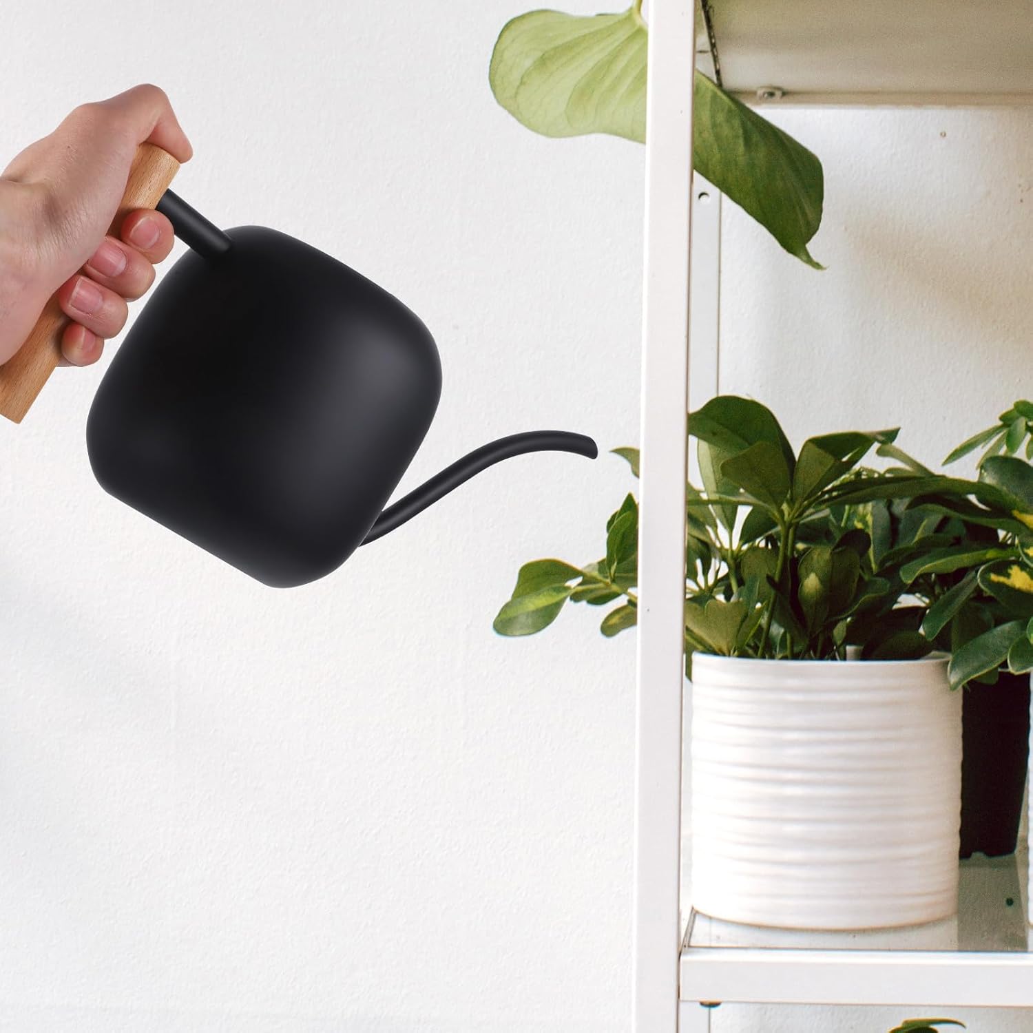 POPETPOP Garden Watering Can with Long Spout and Wooden Handle, 1.2l Stainless Steel Indoor Watering Pot for Flowers, Succulents, Bonsai, Houseplants, Small Sprinkler for Precise Plant Care