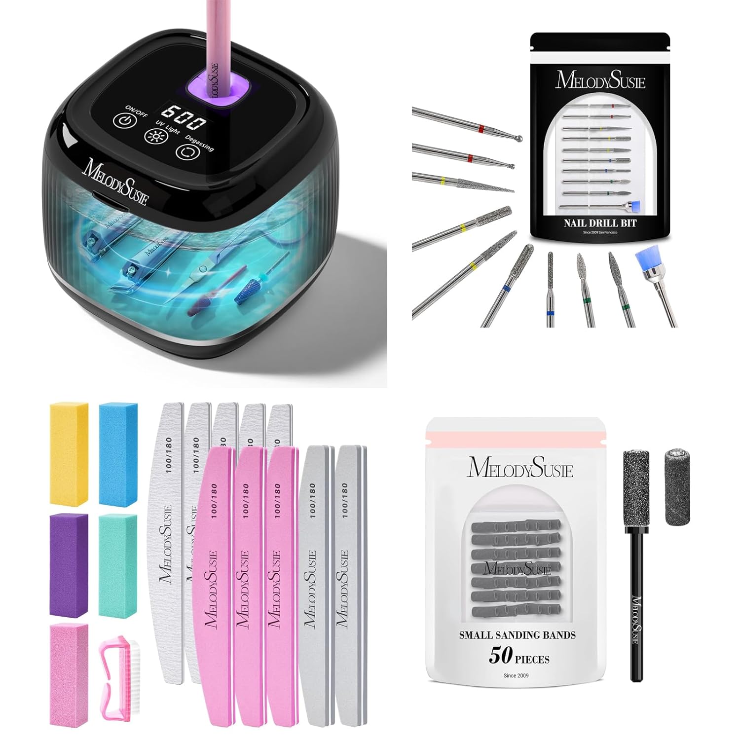 MelodySusie 2 in 1 Nail Tool Cleaning Machine with 10pcs Nail Drill Bits Set and 50 Pcs Small Sanding Bands and 16Pcs Nail Buffer Kit