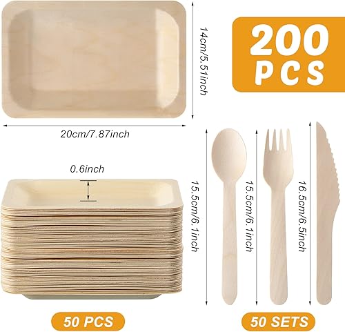 Miniatura 2 de Hoolerry Juego de 50 platos desechables de bambú de 8 x 5.5 pulgadas, platos y cubiertos de hoja de palma (tenedores, cuchillos, cucharas) cuencos