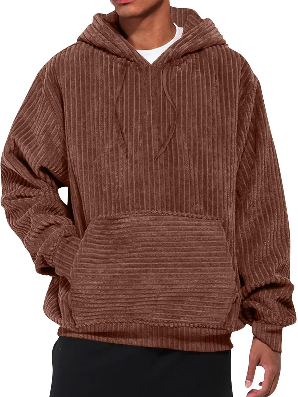 Ymosrh Men's Winter Hoodie Long Sleeve Casual Corduroy Drawstring Pullover Hoodies with Pocket Pullover Hoodie, S-3XL