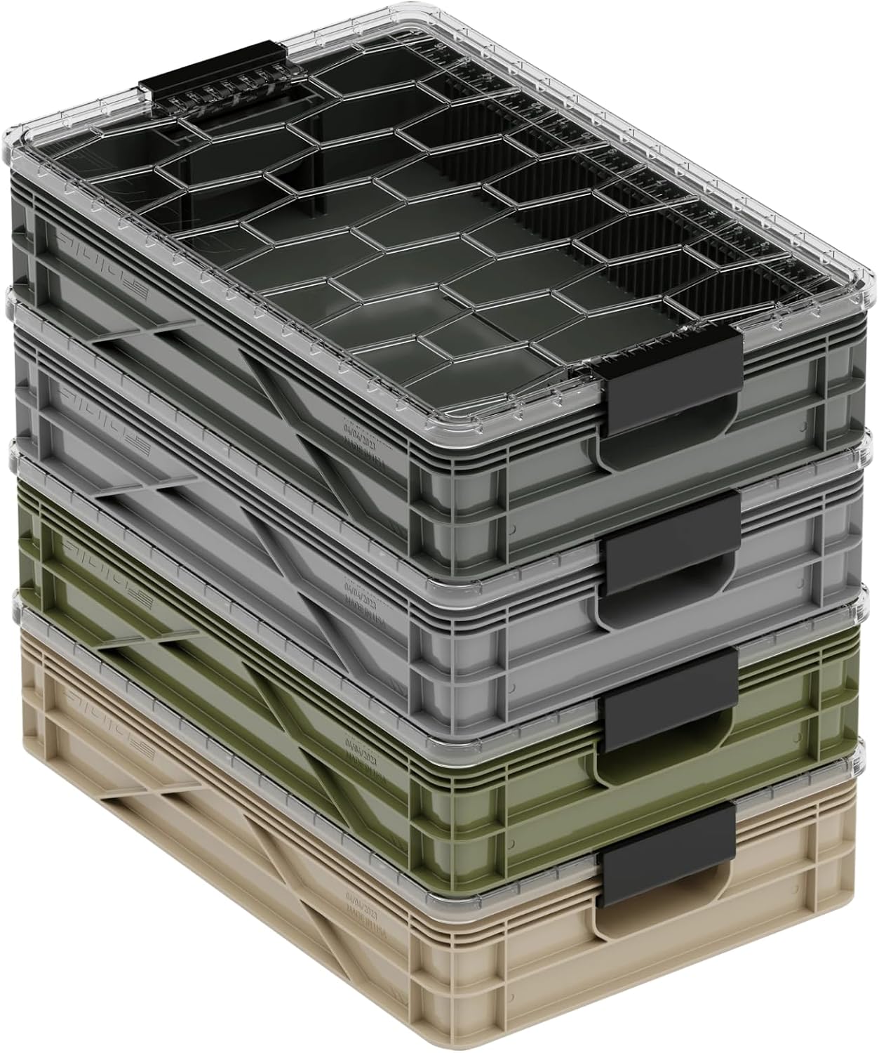 SIDIO Quarter Crate 4 Pack of Stackable Storage Bins - Organizer Bins with Dividers for Garage Organization, Home Storage - Heavy Duty Plastic Containers - 19.16” x 12.75”x 4.57” (Camo)