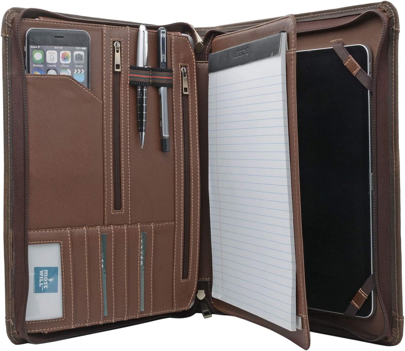 Zipper Leather Padfolio, Business Organizer Portfolio with Handle for Galaxy TabPro S 12 and MacBook 13-inch