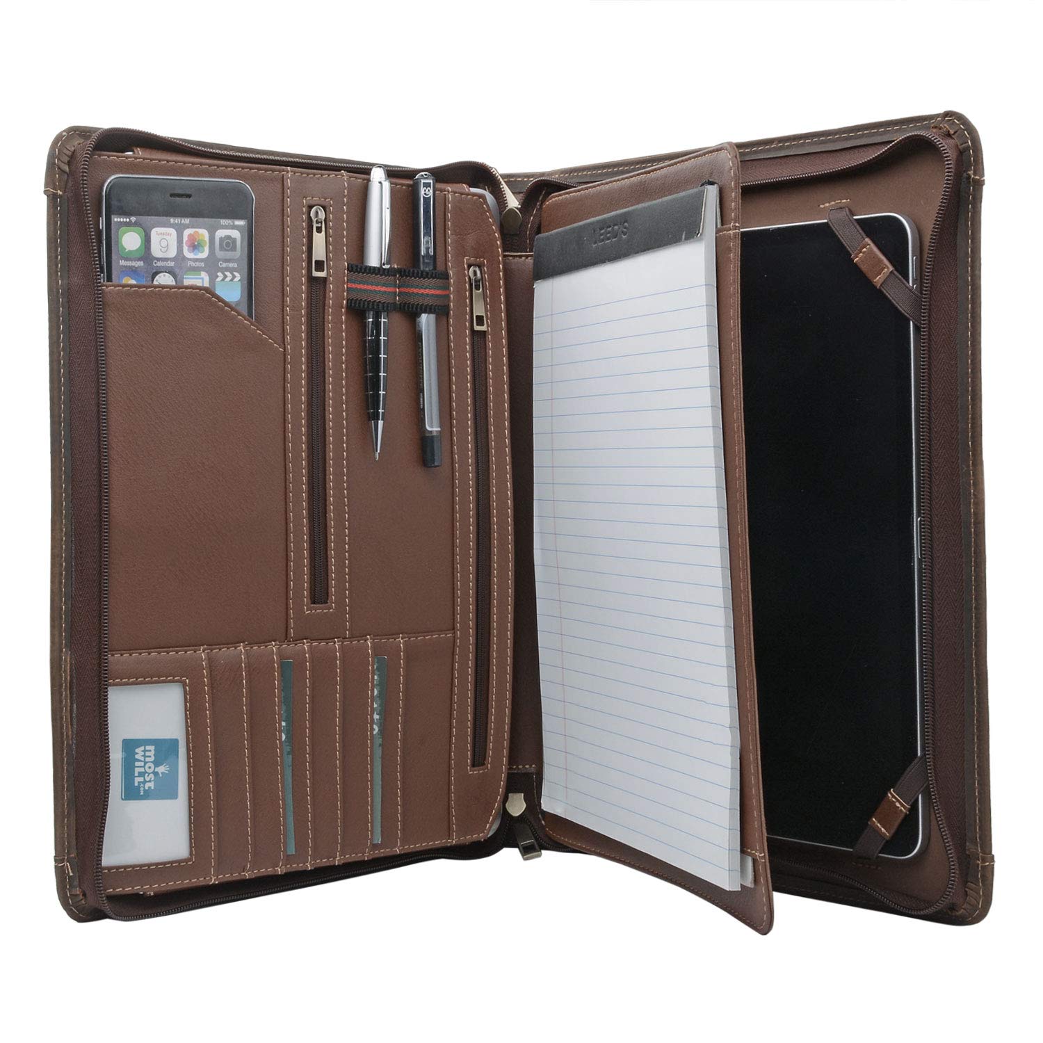 Zipper Leather Padfolio, Business Organizer Portfolio with Handle for Galaxy TabPro S 12 and MacBook 13-inch