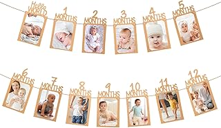 1st Birthday Photo Banner from Newborn to 12 Months Picture Banner Brown Monthly Milestones Garland First Birthday Decorations Bee Day Party Decorations for Baby Shower