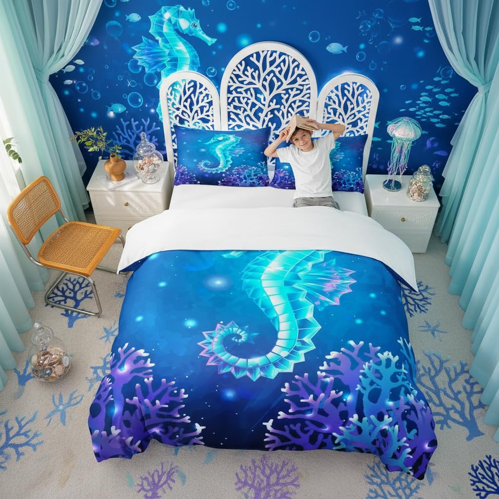 Parure de lit 200x200 cm microfibre premium motif hippocampus bleu et corail