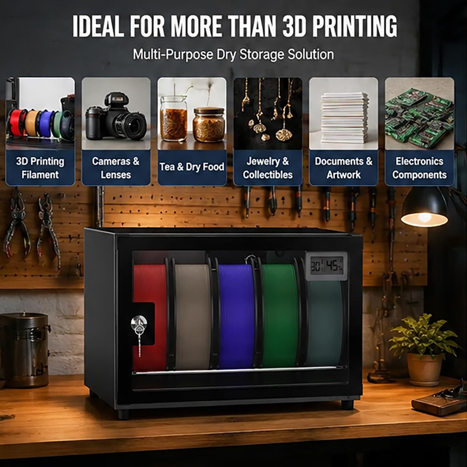Control de gabinete deshumidificador de filamentos para impresora 3D con humedad y bloqueo seguro, caja de almacenamiento de filamentos de 25L, capacidad para 5 rollos para PLA/ABS/PETG