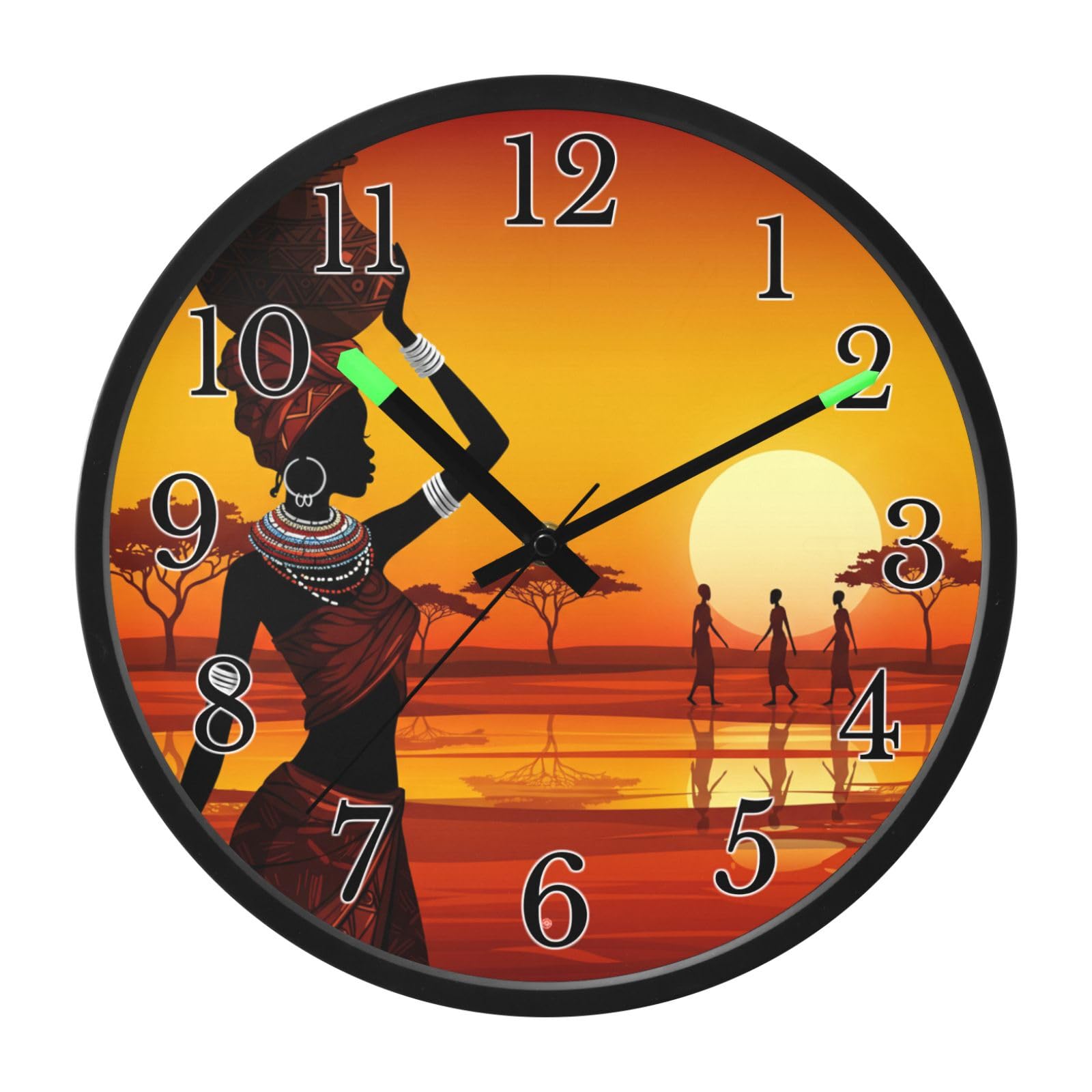 Mnsruu Reloj de pared luminoso, reloj de pared con diseño de tribu africana que brilla en la oscuridad, funciona con pilas, silencioso, sin tictac, luz nocturna para dormitorio