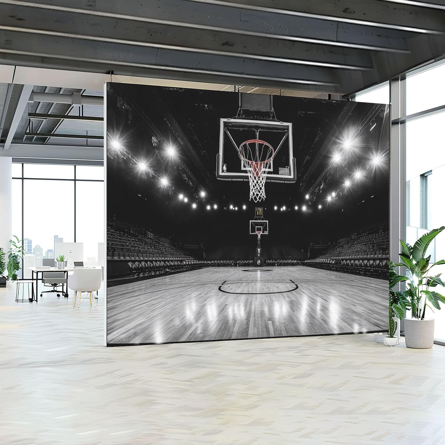 Basketball Court Black and White Sports Wall Mural Hoop Stadium Lights Empty Peel & Stick Wallpaper Removable Self-Adhesive Large Wall Sticker Wall Decor for Boys Room Bedroom Nursery 69"x98"