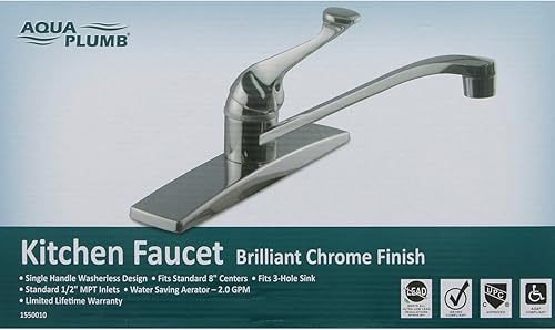 Miniatura 2 de Aqua Plumb 1550010 - Grifo de cocina cromado pulido de 8 pulgadas sin pulverización, color plateado