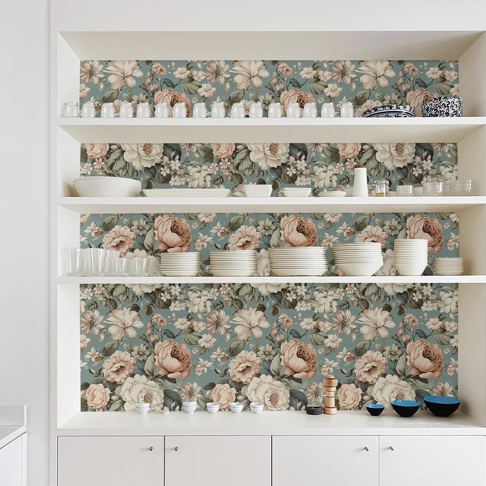 Vintage Teal Green White Peony Floral Beige Flowers Peel and Stick Wallpaper Wall Decor Self Adhesive Wall Paper Stick on Easy Peel Off Contact for Renter Apartment