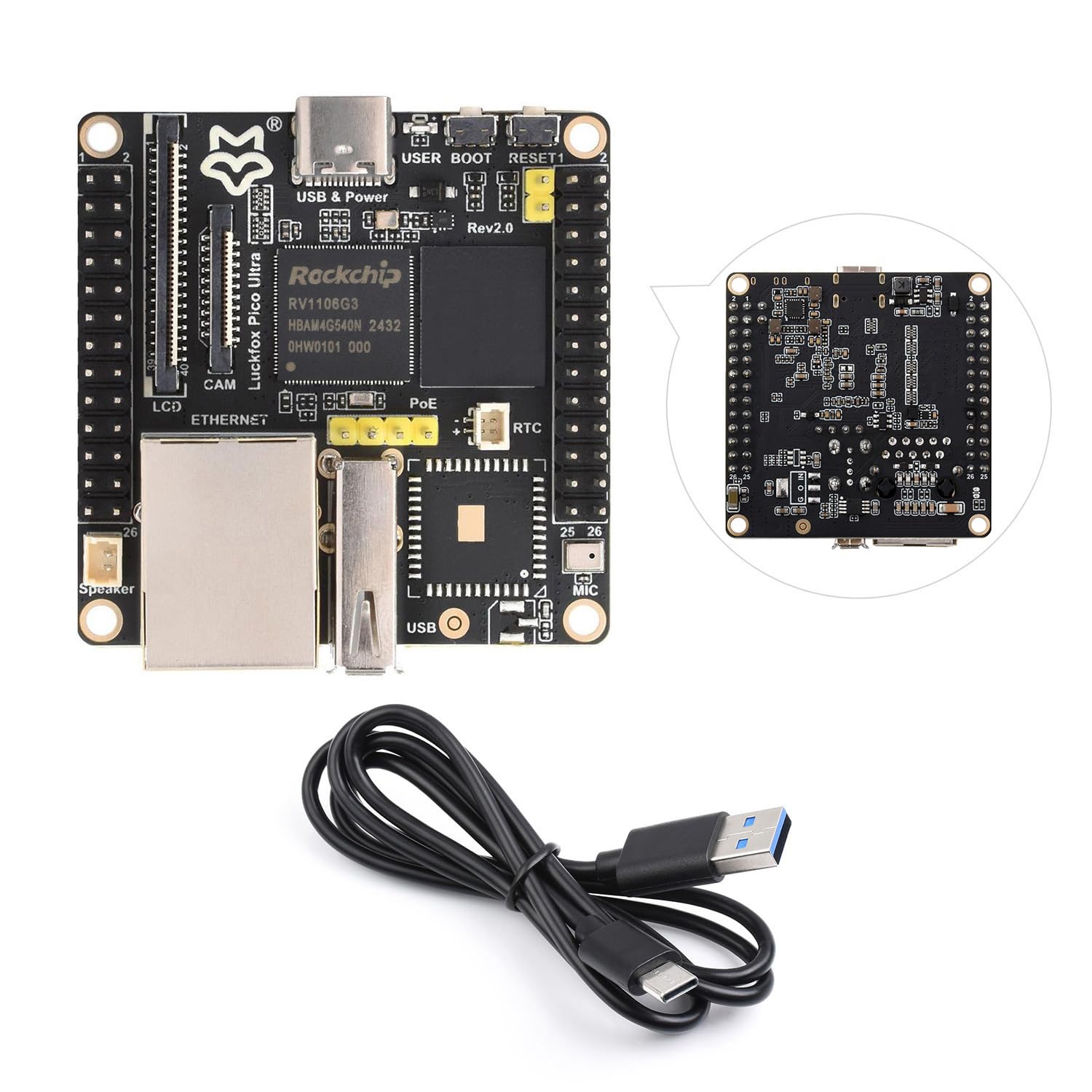 Waveshare Luck-fox Pico Ultra RV1106 Linux Micro Development Board, Integrates Arm Cortex-A7/RISC-V MCU/NPU/ISP Processors, with 8GB EMMC, Without PoE Module Or WiFi